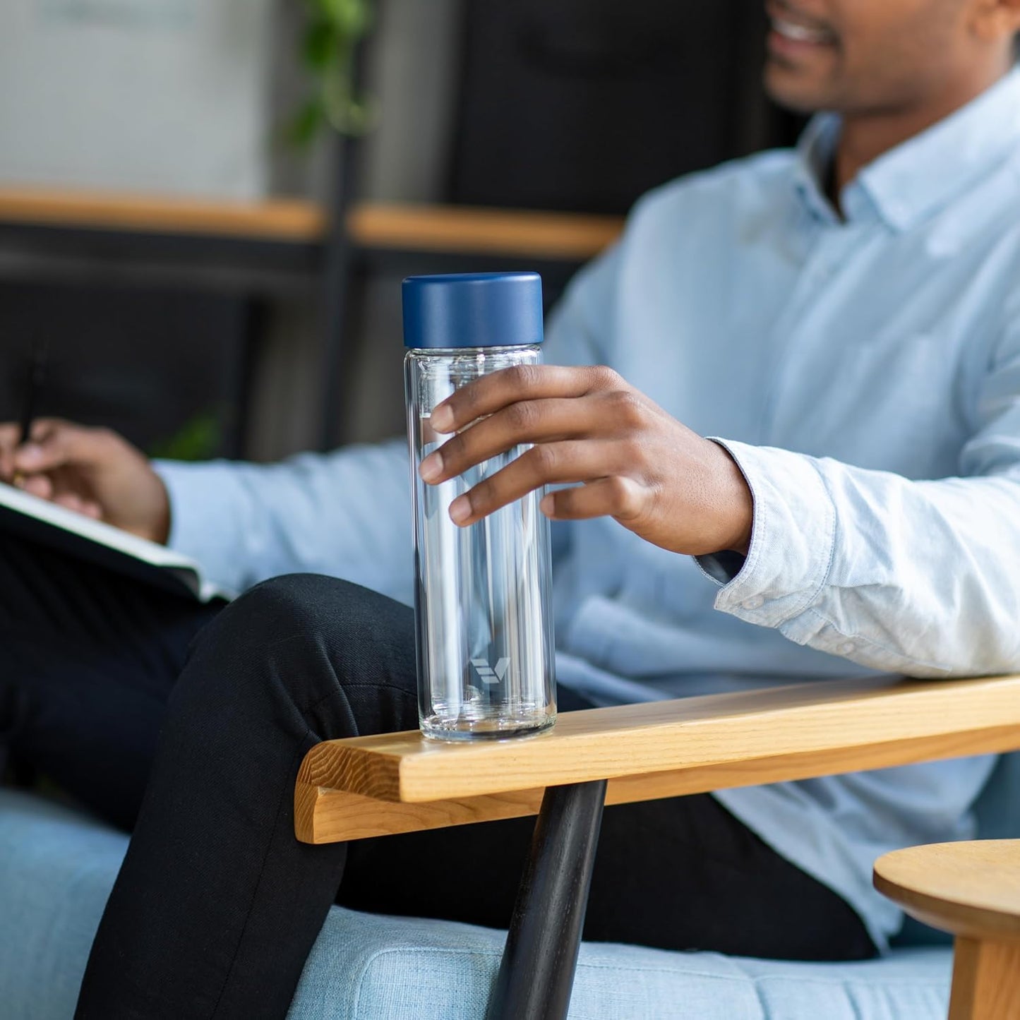 Glass Multi Tea Infuser Bottle 14oz - Double Wall Borosilicate Glass Flask | No Plastic Touches Contents | Perfect for Office or Home - Blue