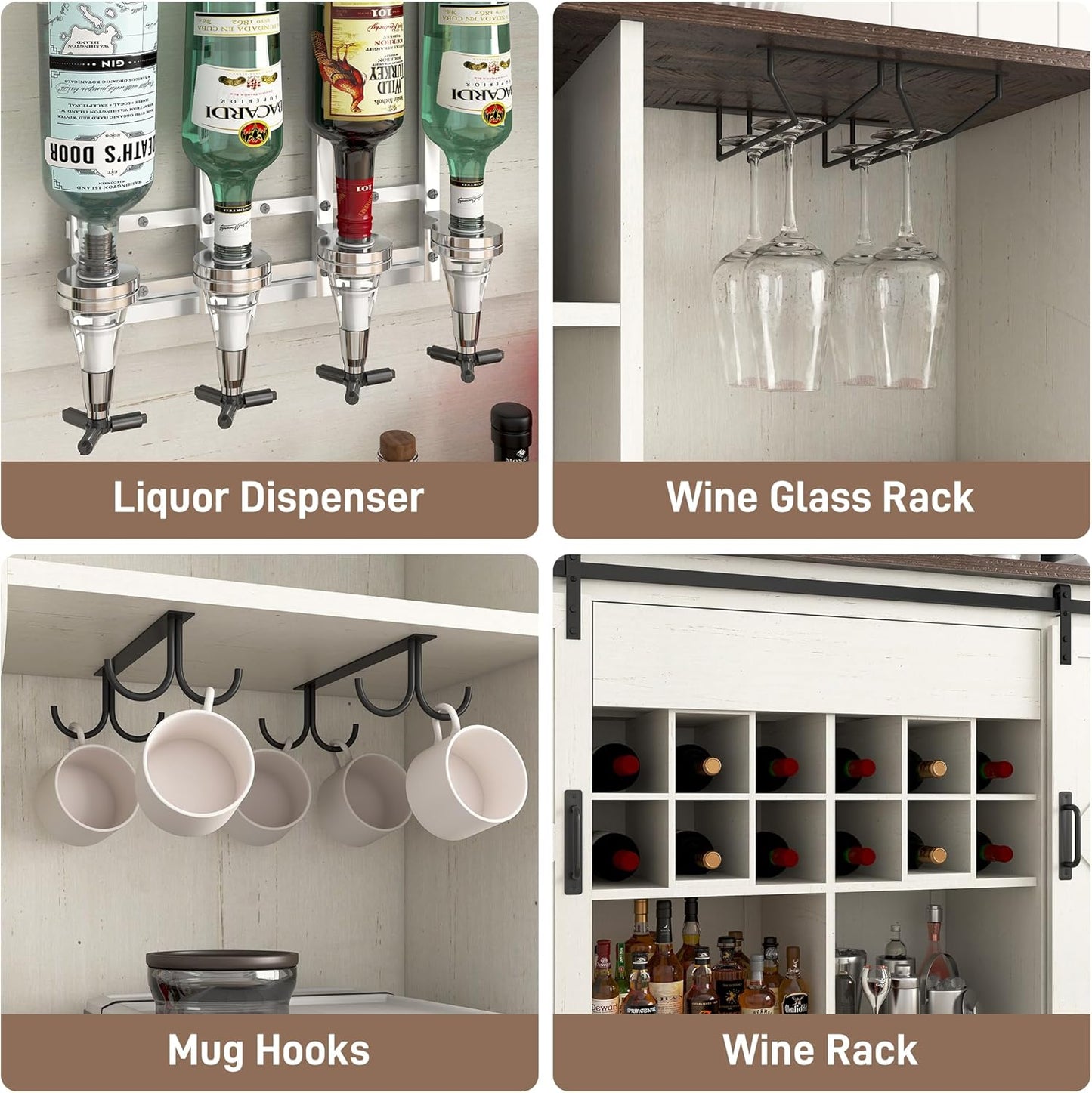 Farmhouse Coffee Bar Cabinet with Charging Station & Sliding Barn Doors - 63" W x 71" H Large Wine Rack, Built-in Liquor Dispenser, Glass/Mug Holders for Kitchen, Living Room, Hallway