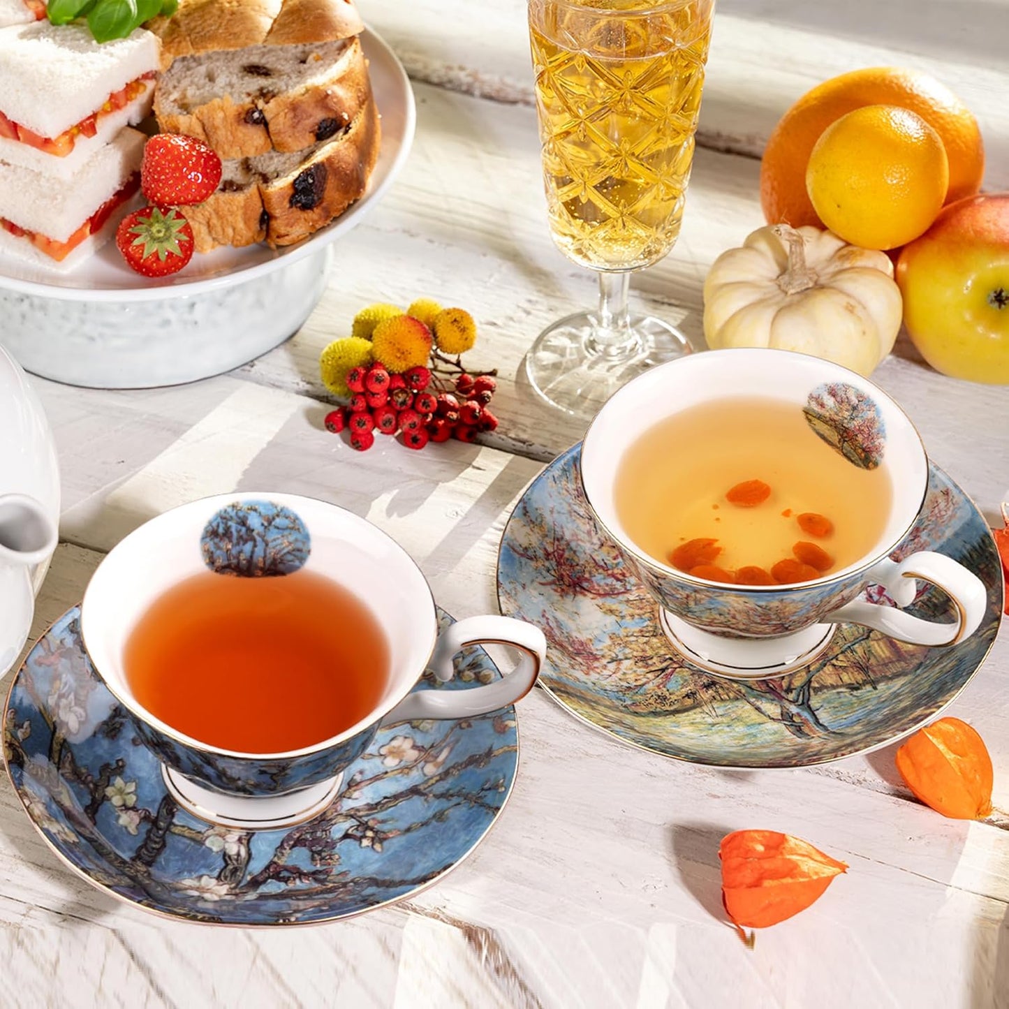 Floral Tea Cups Saucers Set of 2, Van Gogh Paintings Bone China 7 oz British Teacups Porcelain Coffee Cup for Rose Tea Cappuccino Espresso Latte (Apricot & Peach Blossom)