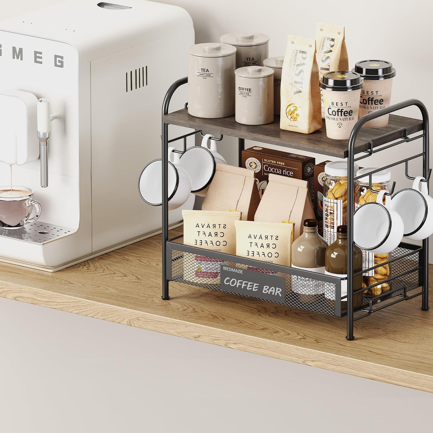 Coffee Bar Organizer for Countertop Station, Simple Assembly 2 Tier Shelf for Home,Office, Coffee Cup Holder Storage Organization for Counter Accessory Storage Rack with 4 Hooks Space-Saving