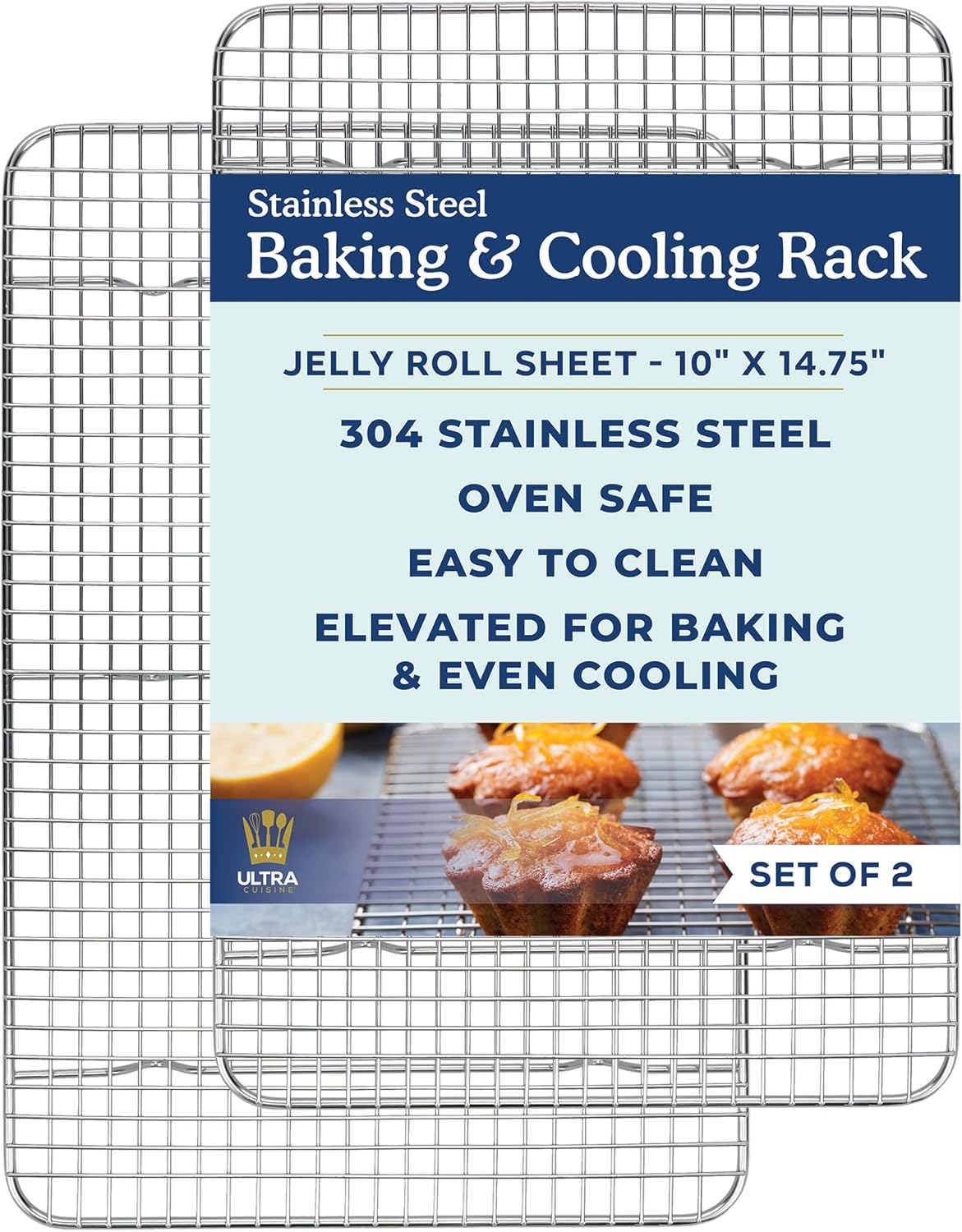 Ultra Cuisine Stainless Steel Jelly Roll Sheet Cooling Rack Set & Aluminum Baking Pan Set - Professional Quality, Fits Jelly Roll Sheet Pans - Cookie Sheet for Baking - 10"x14.75" Rack, 16"x11" Pan
