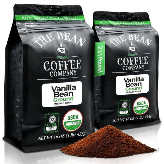 The Bean Organic Coffee Company Vanilla Bean, Medium Roast, Ground Coffee, 16-Ounce Bags (Pack of 2),Café molido tostado organico