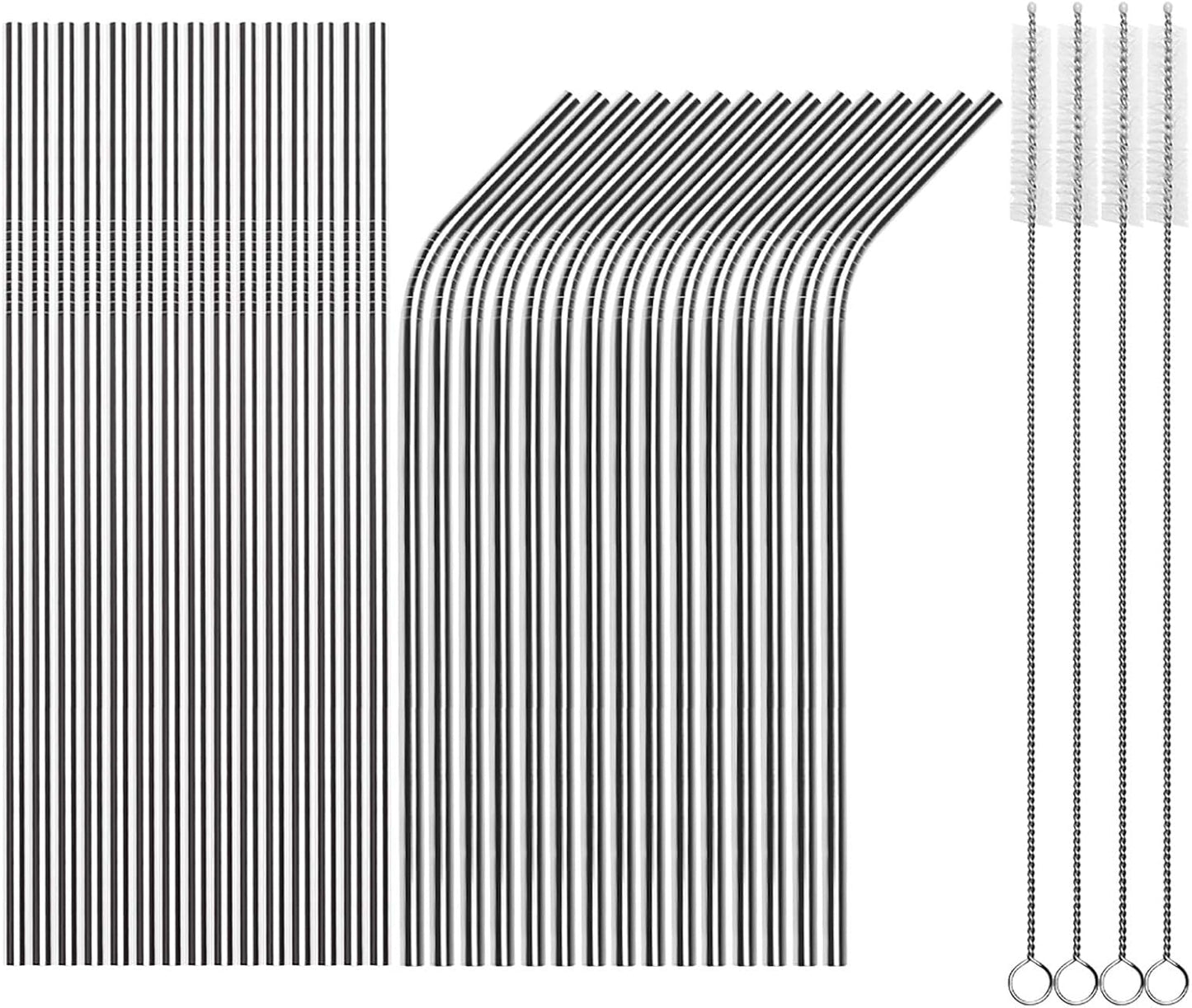 Tomorotec Reusable Straws 30 Pack, Stainless Steel Drinking Straws, Metal Straw Bulks for Smoothies Tumblers Cocktail MilkShake,Set of 15 Straight and 15 Bent with 2 Cleaning Brushes, Silver