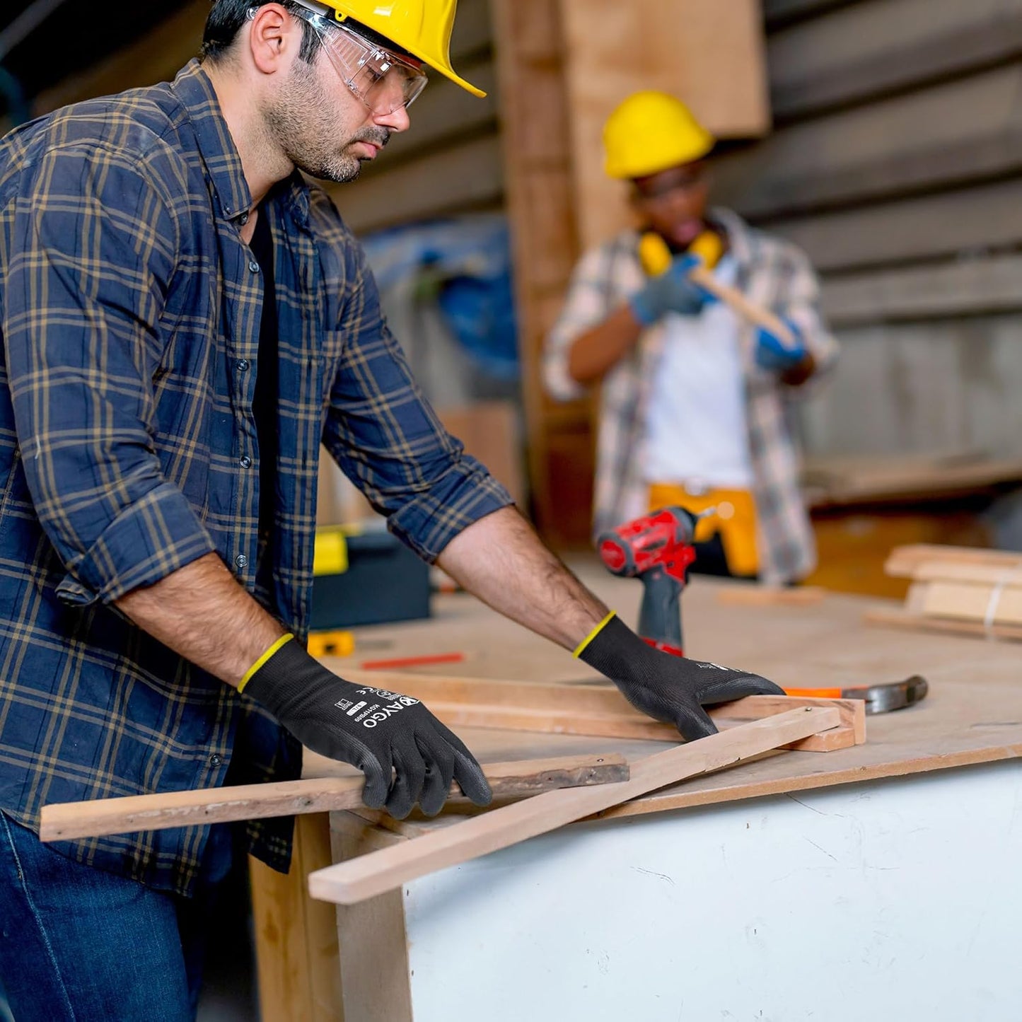 KAYGO Safety Work Gloves PU Coated,12 Pairs KG11PB Seamless Knit Glove for Men and Women, with Smooth Grip on Palm and Fingers, Ideal for General Duty Work (Medium, Black)