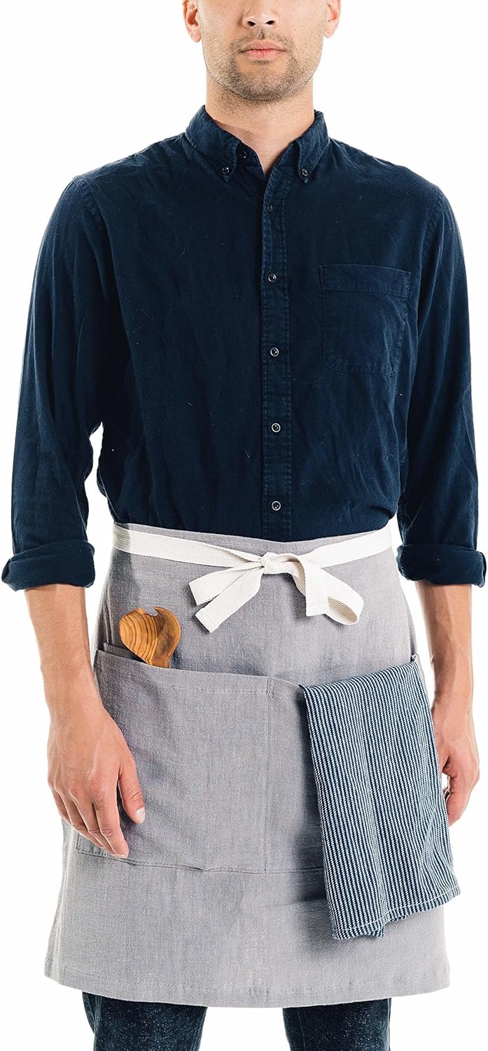 Caldo Linen Bistro Cafe Apron - Professional Grade with Pockets, Half Kitchen Apron, Mid Length 23 x 23, 40 Inch Waist Ties - Durable Unisex Uniform- Server or Chef (Grey)