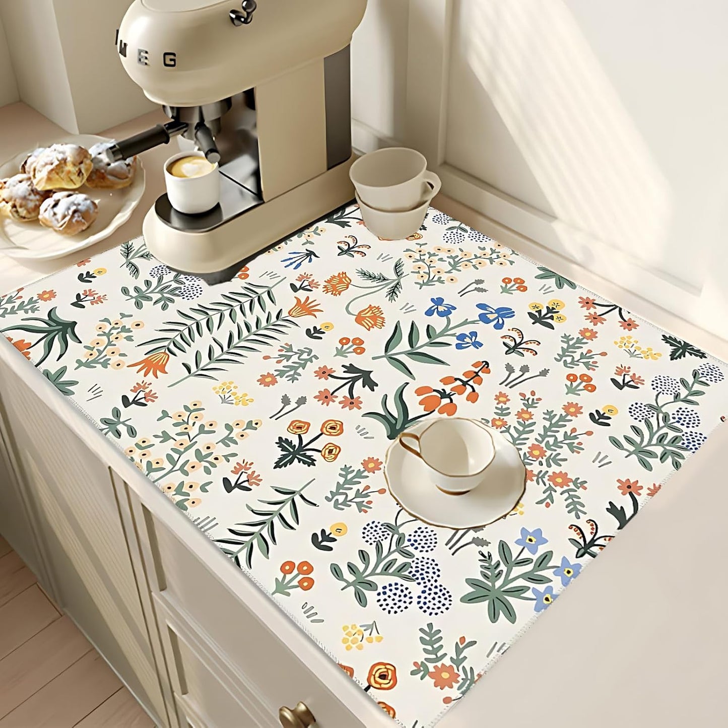 2Pcs Dish Drying Mats Faucet Mats Sets Large Size Coffee Mats Sink Faucet Mat Splash Guard for Kitchen Counter Bathroom Sink Coffee Bar Kitchen Decor (Wildflowers 2, 18"x24" 15" x 5.5"Set)