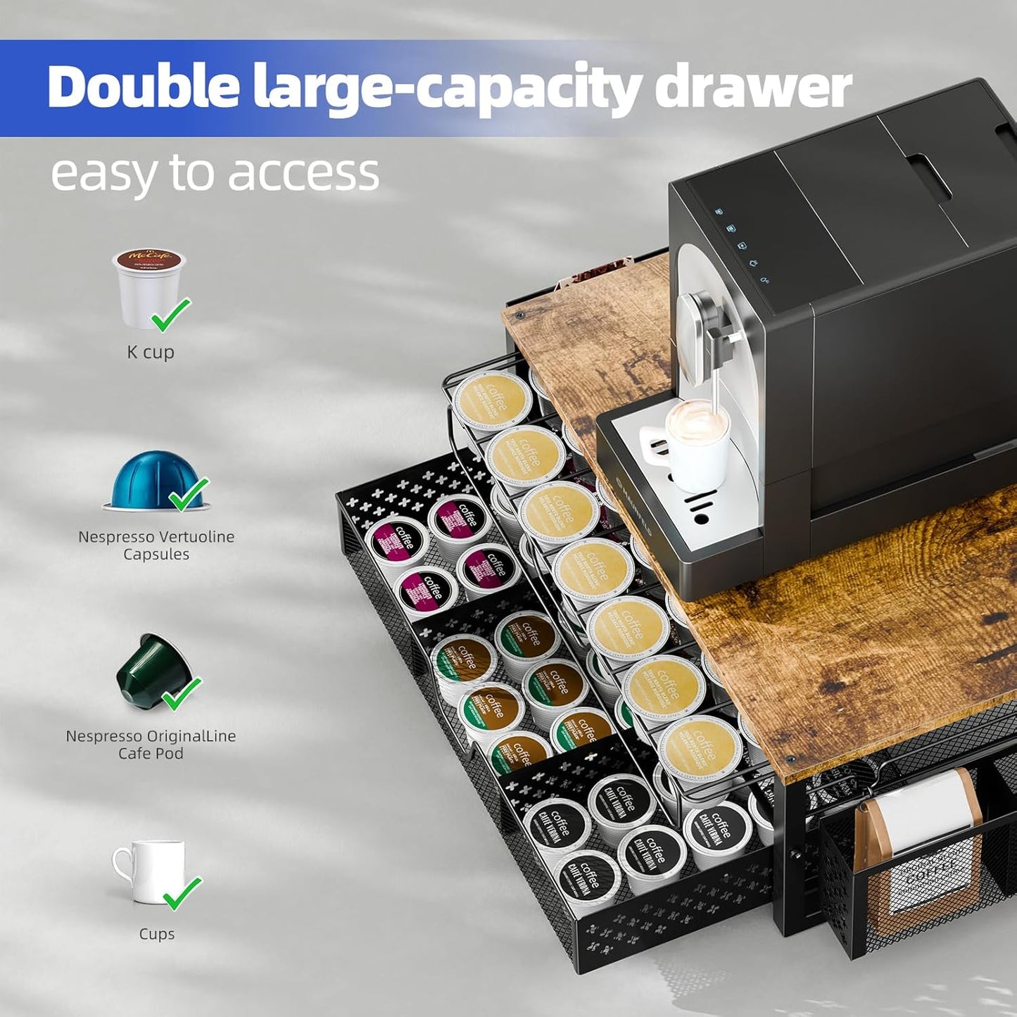 Simple Trending Coffee Pod Holder for K Cups, with 2 Tier Slidng Storage Drawer and Coffee Accessories Holder, 63 Large or 80 Small Capsule Organizer, Black