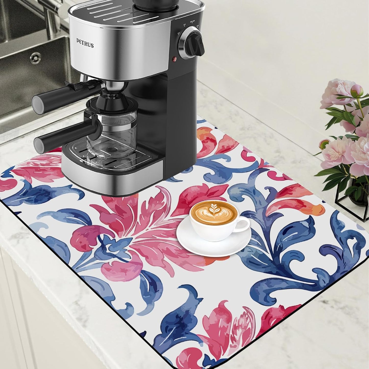 Blue and Pink Damask Coffee Mat Absorbent Dish Drying Mat for Kitchen Counter Hide Stain Coffee Bar Accessories with Rubber Backed Fit Under Espresso Machine Cafe Table, 15.7 x 23.6 Inch