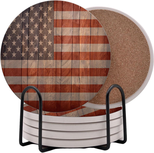 USA American Flag United States Round Coasters Set of 6 - Abosrbent Ceramic with Metal Stand for Drinks, Coffee, Non-Slip Cork Back for Tabletop Protection, 4 Inches (Wood)