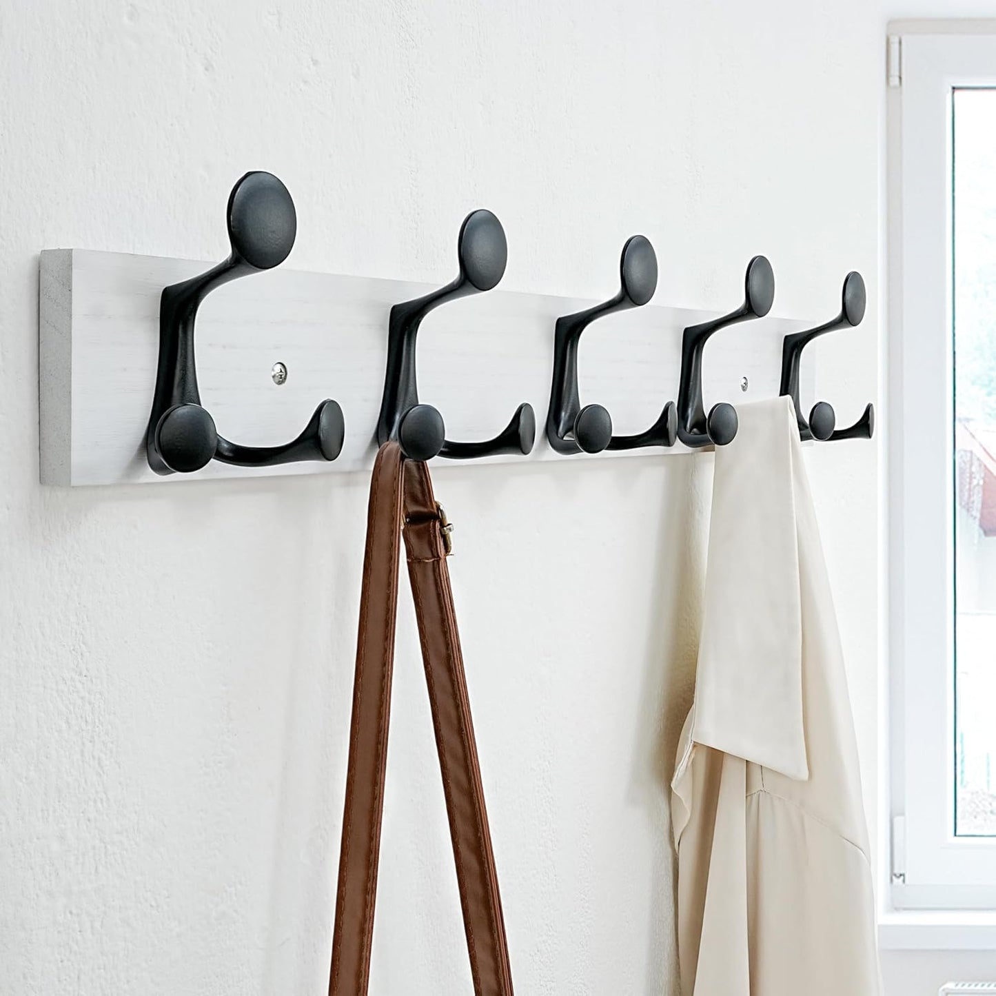 SKOLOO 24-Inch White Wood Coat Rack Wall Mount with 5 Triple Hooks - Ideal for Family Entrances, Classrooms, and Pet Supplies Storage - Perfect Coat Hooks for Wall