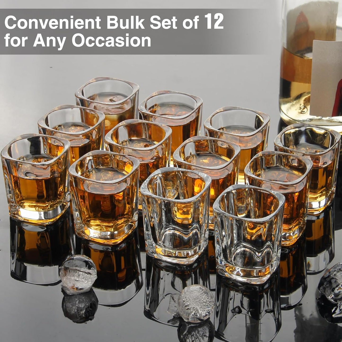 Ruckae 12 Pack 2 OZ Shot Glasses Set Clear Shot Glasses Bulk with Heavy Base Bar Square Glass Shot Cups for Vodka Tequila Whiskey Liquor
