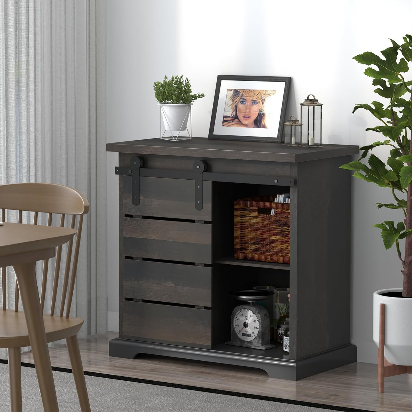 NSdirect Sideboard Coffee Bar Cabinet,Modern Farmhouse Buffet Station Sliding Barn Door Storage Credenza Console with Slat and Shelf Entryway Storage Cabinet Kitchen Dining Living Room, Brown