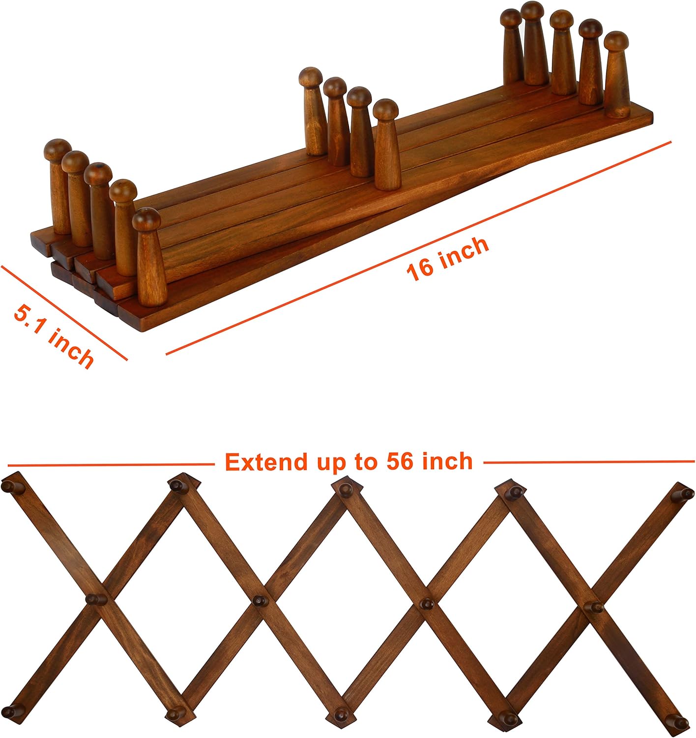 Dseap Accordian Wall Hanger: 16” High Wooden Wall Expandable Coat Rack, Hat Rack Holder, Accordion Hook for Baseball Caps, Coats, Mugs, 14 Peg Hooks, Brown