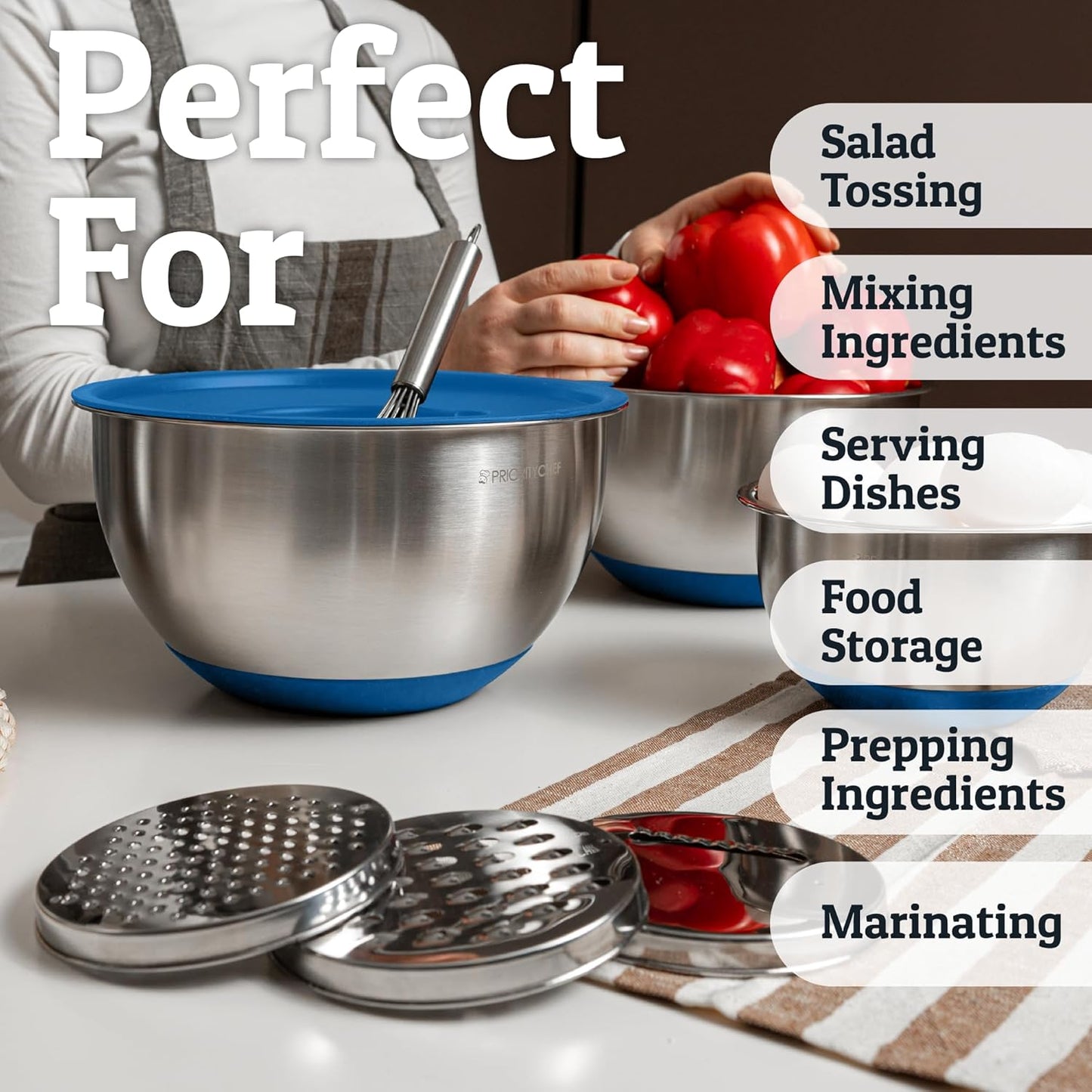 Priority Chef Stainless Steel Mixing Bowls with Lids Set, 3 Grater Attachments, Airtight Lids, Non-Slip Silicone Base Mixing Bowl Set, Large Prep Metal Mixing Bowls for Kitchen, Blue