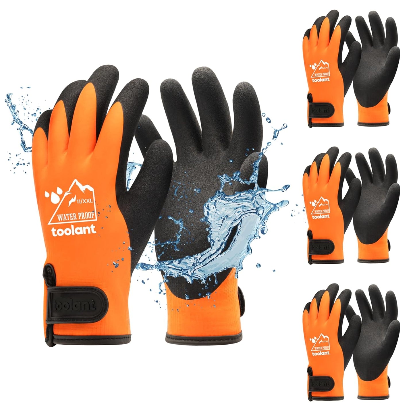 toolant 100% Waterproof Gloves Bulk Pack, 3 Pairs, Winter Work Gloves for Cold Temperature, Touchsreen, Warm Gloves for Freezer, Fishing and Gardening, With Grip, Orange, XX-Large