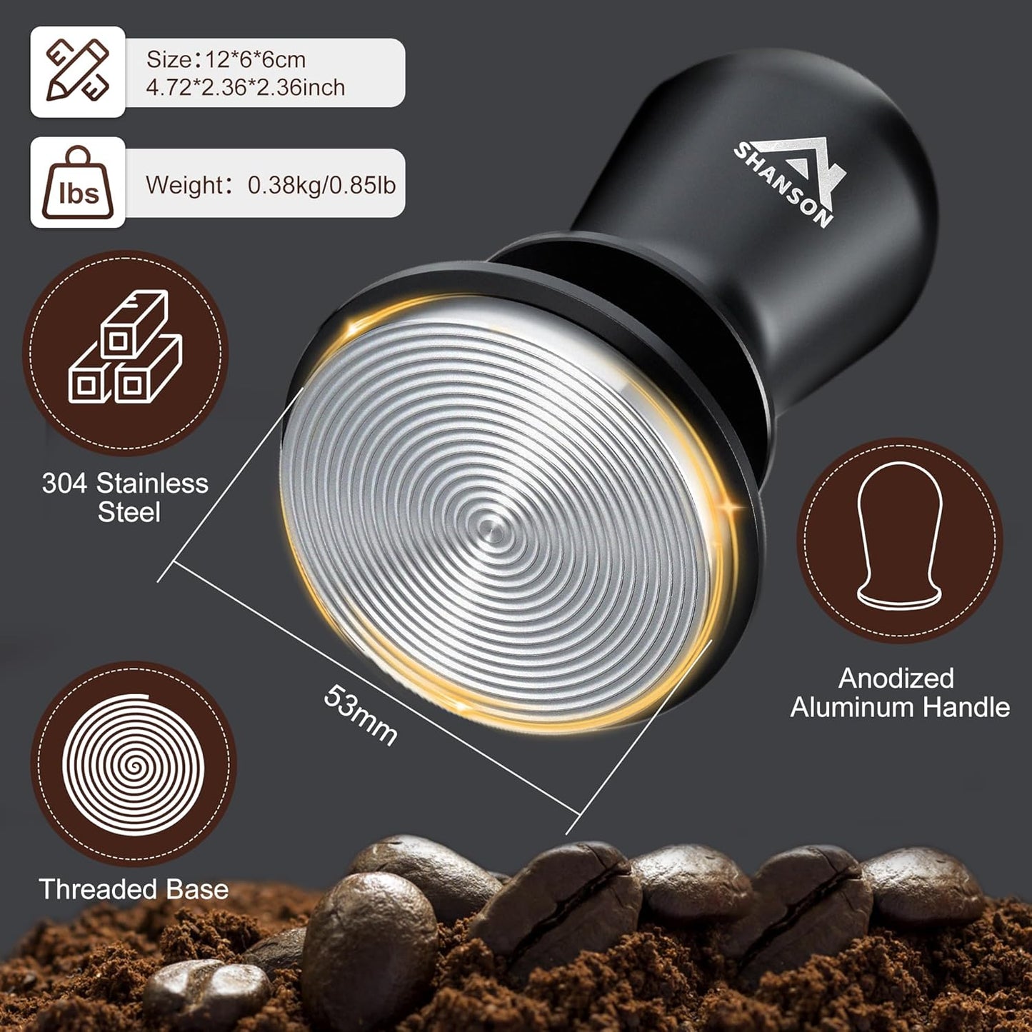 ShanSon 53mm Espresso Tamper,Coffee Accessories,Triple Spring 30lb Constant Pressure, Audible Click Sound Feedback, Stainless Steel Ripple Base,Anodized Aluminum Handle,Tamper Tool Espresso