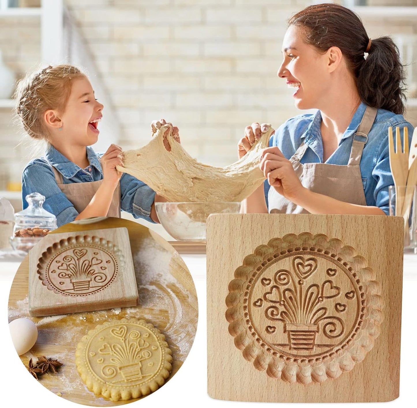 Wooden Cookie Biscuit Mold, 3D Baking Mold, Embossing Craft Decorating Baking Tool, Suitable for Halloween Thanksgiving Christmas Kitchen DIY (Flowerpot 10 * 10 * 2)