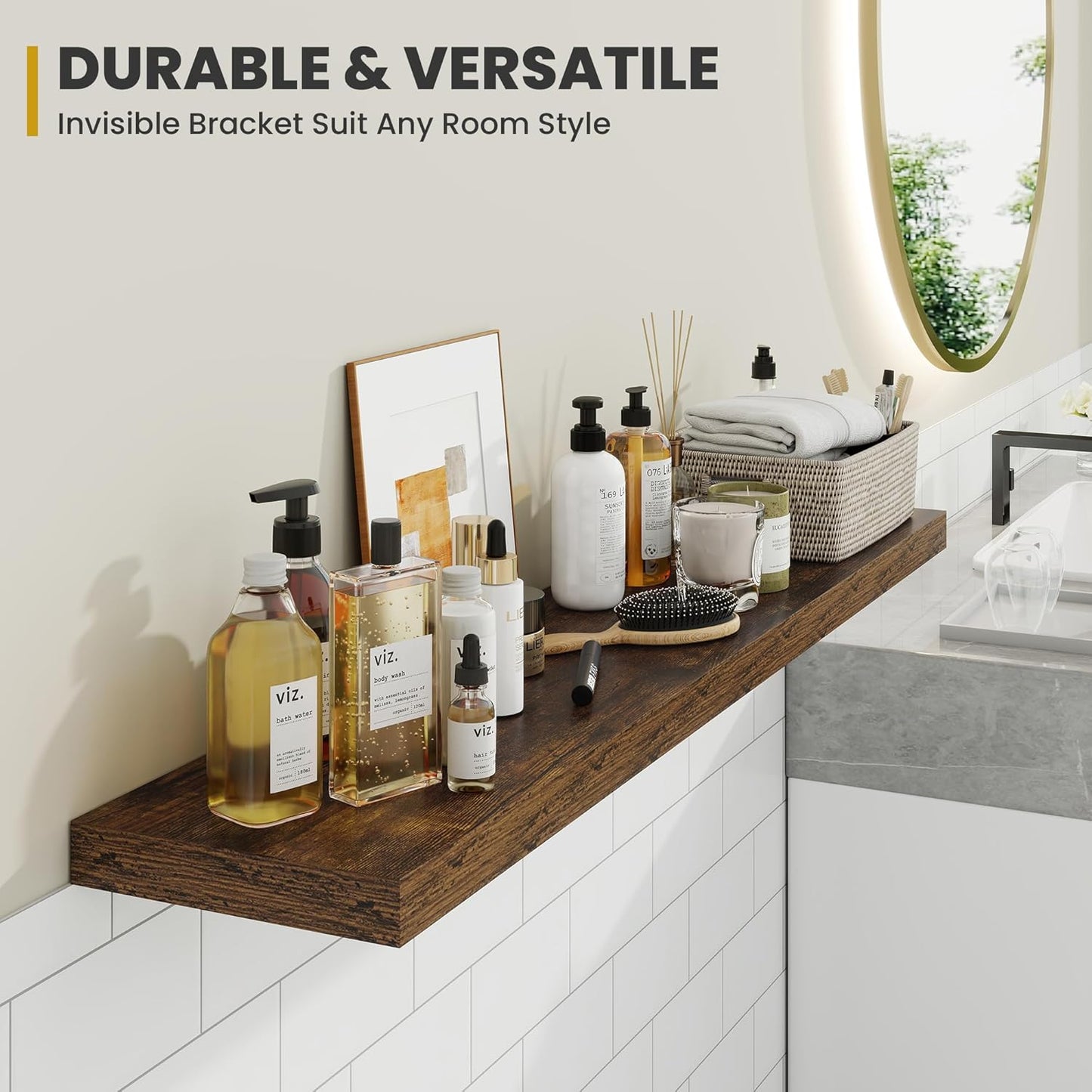 24 Inch Floating Shelves, 9.3" Deep Floating Shelf Wall Mounted, 24" Wall Shelves, Rustic Deep Bookshelf, Large Display Shelves & Storage Shelves for Bedroom, Living Room, Brown, Set of 2