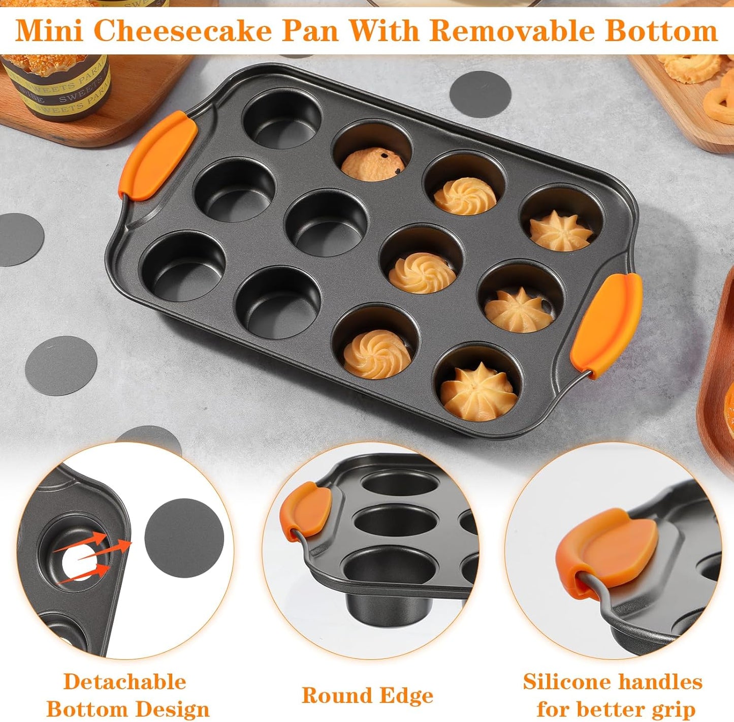 2Pack Mini Cheesecake Pans Removable Bottom Mini Cupcake Pans, 12 Cavity Minii Cheesecake Molds with Silicone Handle Nonslip Muffin Pan Baking Supplies