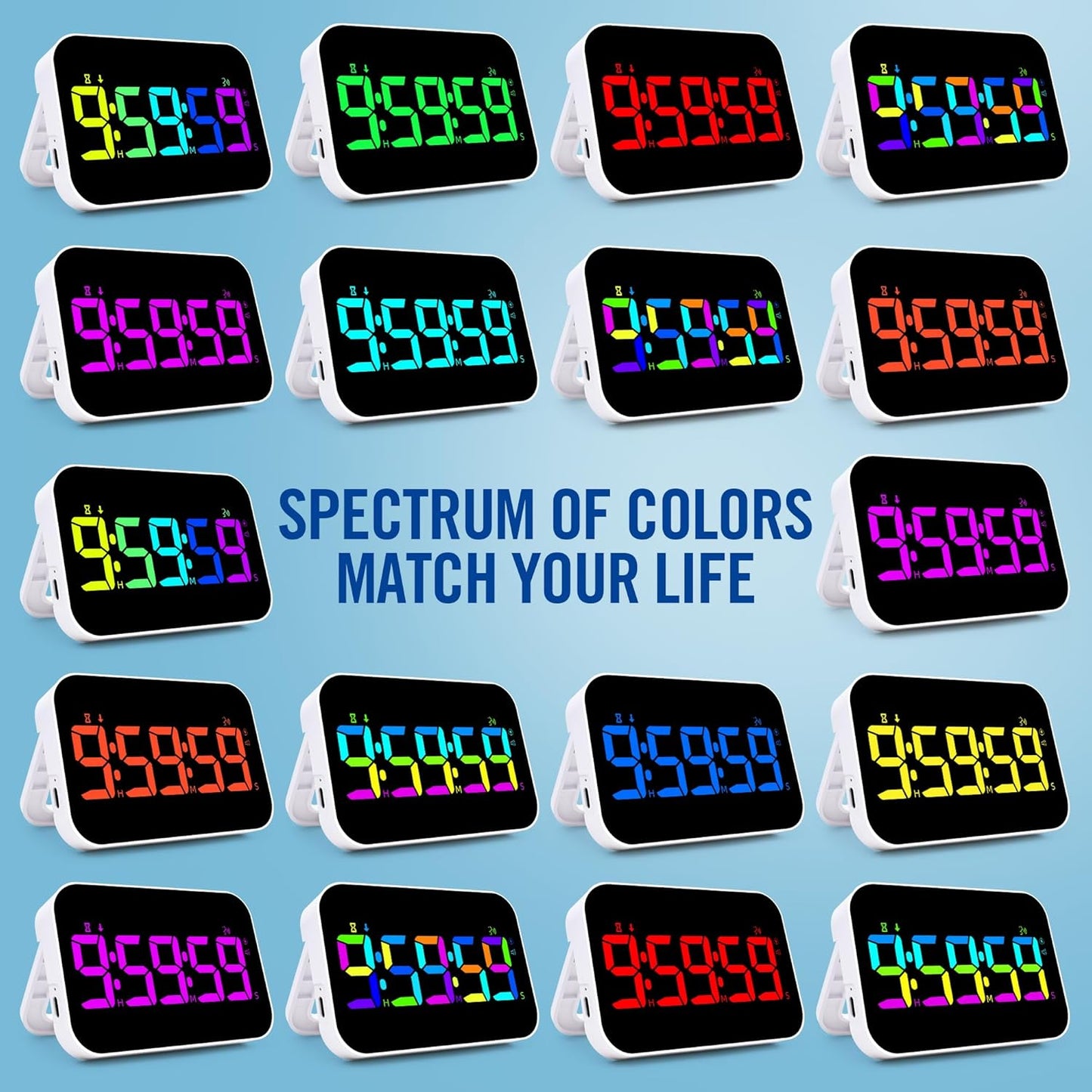 Kitchen Timer（1.5" Number）with Voice Reminder,10 RGB Color Changing Digital Magnetic Timer, Countdown/Up, Rechargeabilit, Brightness Display, 3 Volume Levels and Vibration Mode, for Classroom, Cooking