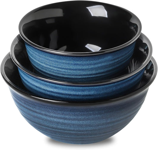 Ceramic Mixing Bowls,Large Serving Bowls 2.1/1.5/1.0 Qt,Salad Bowls Set of 3 for Kitchen Space Saving Storage,Nesting Bowls for Popcorn,Soup,Fruit, Microwave & Dishwasher Safe,Navy Blue