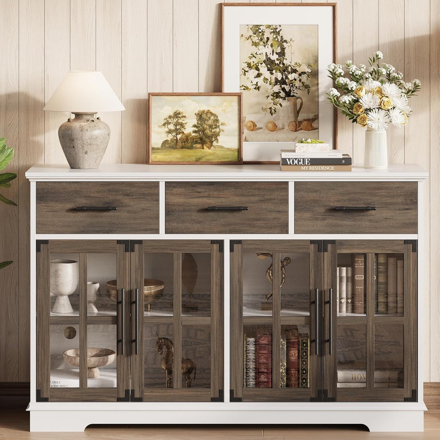 IRONCK Buffet Cabinet with Storage, 55" Large Sideboard Buffet Storage with LED Lights, Farmhouse Coffee Bar Wood Liquor Cabinet for Kitchen, Dining Room, White and Oak