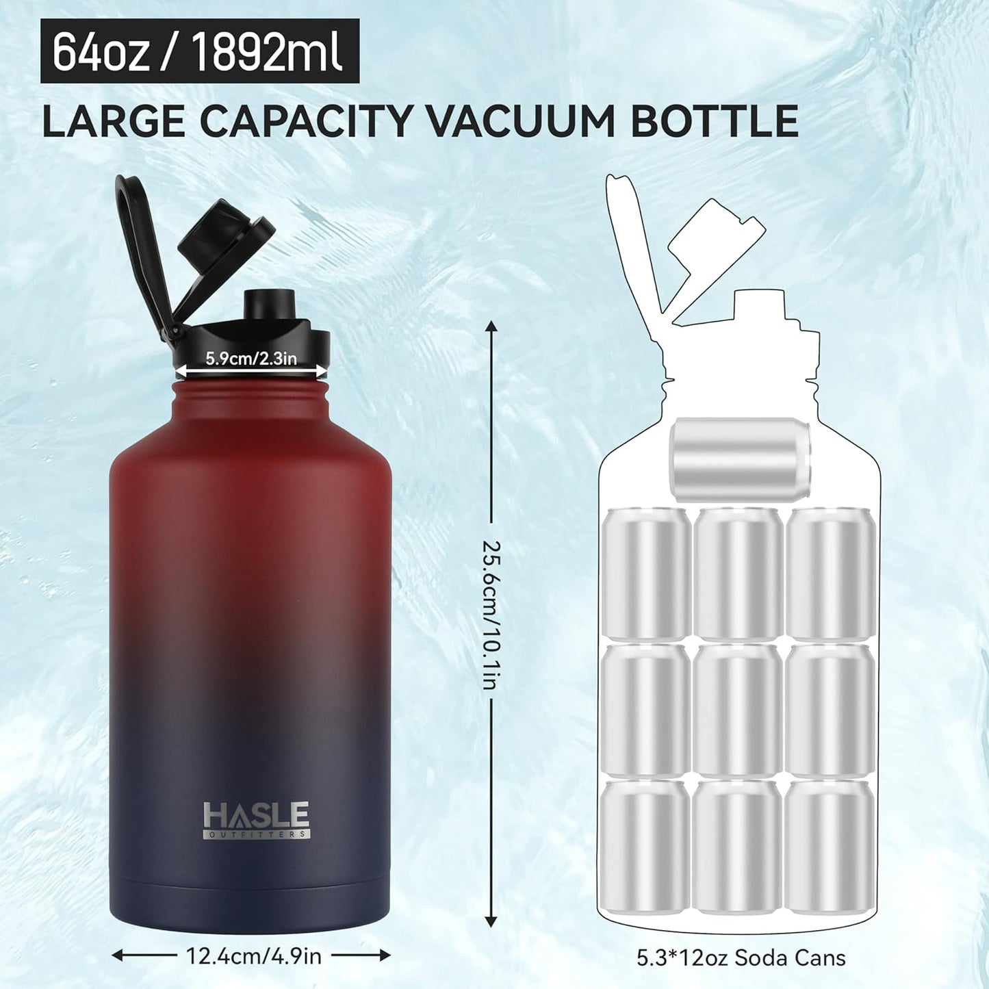 HASLE OUTFITTERS Half Gallon Insulated Water Bottles 64 oz, Stainless Steel Metal Water Jug with 2 Lids Keep Cold 48h/Hot 24h, Leak Proof & BPA-Free Water Flask Jug(Ruby Purple Gradient,1)
