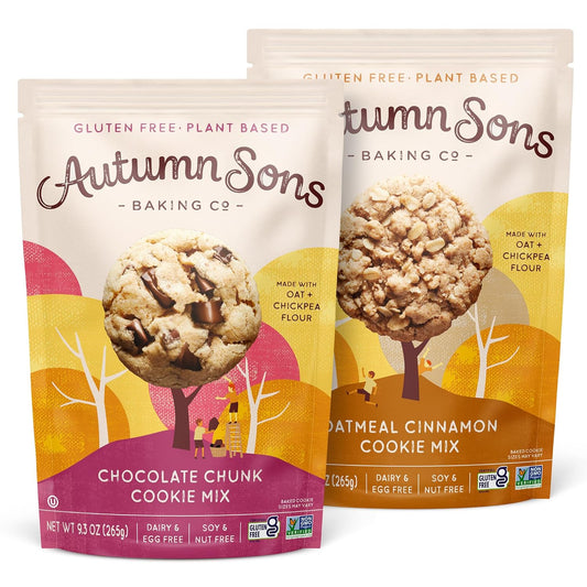 Autumn Sons Baking Co. Gluten Free Chocolate Chunk & Oatmeal Cinnamon Cookie Mix Combo Pack. Vegan Plant Based Baking Mix. Free From 11 Common Allergens. 9.3 oz (Pack of 2)