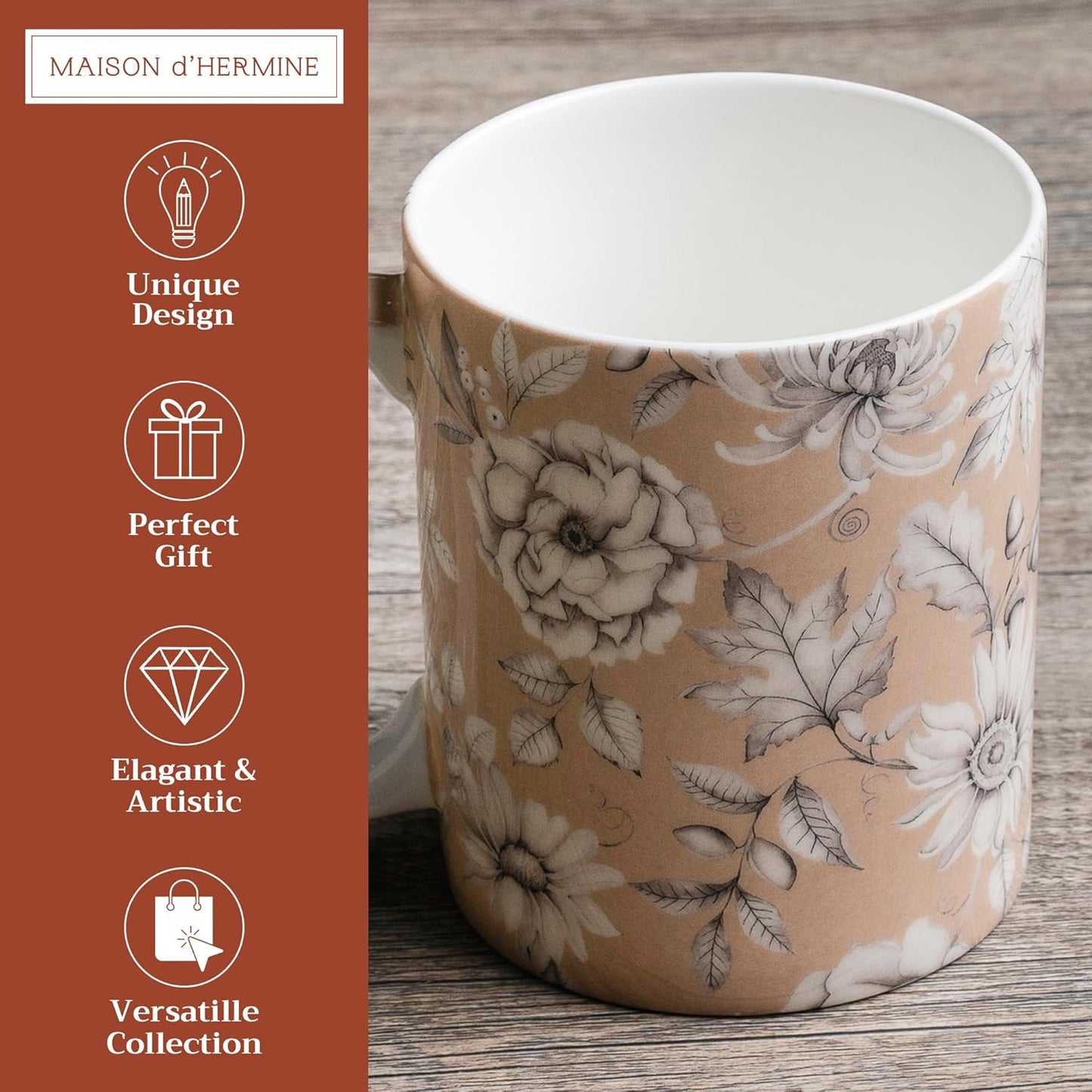 Maison d' Hermine Coffee Mug with Handles Fine Bone China Mugs Pack of One Tea Cups for Hot Beverages Cappuccino Latte Home Restaurant Office Perfect for Gift (Pretty Autumn - Pretty Mono, 12 Ounce)
