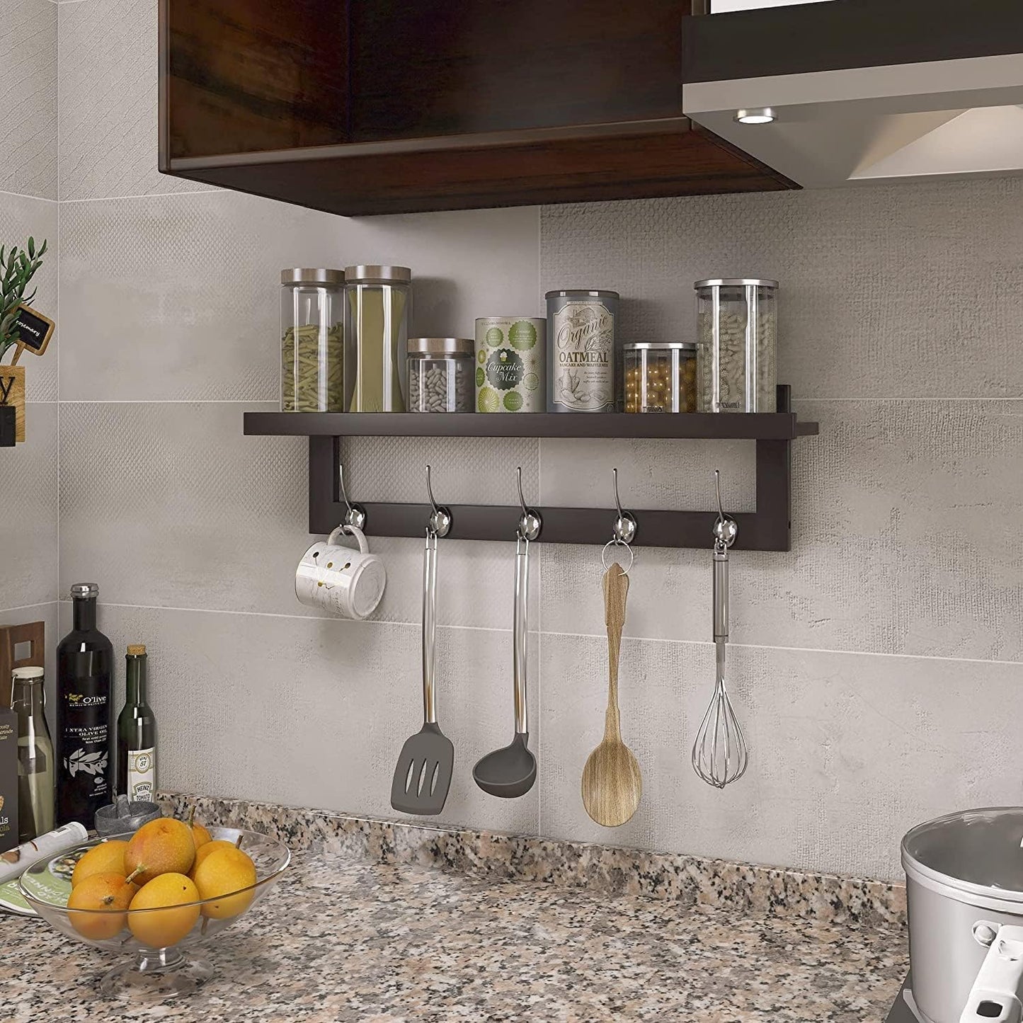 SMIBUY Coat Hooks with Shelf Wall-Mounted, 29.2 Inch Entryway Coat Rack for Wall, Bamboo Hanging Shelf with 5 Double Metal Hooks for Bathroom, Bedroom, Kitchen, Living Room, Mudroom (Dark Brown)