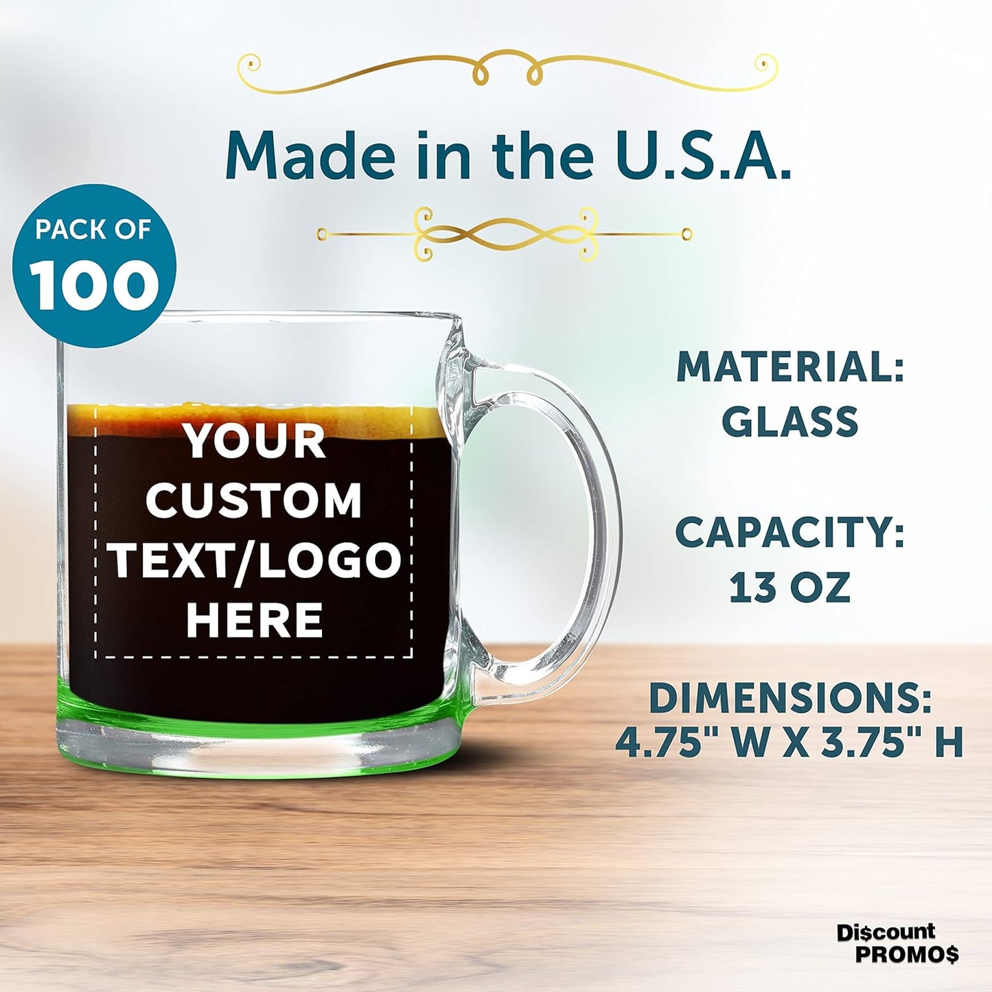 Custom Libbey Clear Glass Coffee Mugs 13 oz. Set of 100, Personalized Bulk Pack - Perfect for Coffee, Tea, Espresso, Hot Cocoa, Other Beverages - Green Bottom