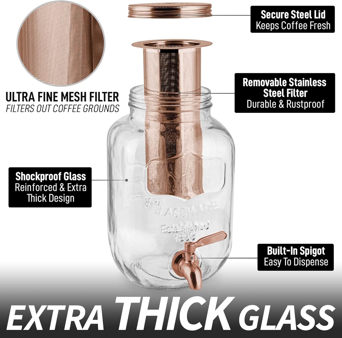 Zulay Kitchen 1 Gallon Cold Brew Coffee Maker - Large Iced Tea & Cold Brew Pitcher with Extra-Thick Glass & Stainless Steel Infuser - Drink & Beverage Dispenser Jar with Airtight Lid & Spout Rose Gold
