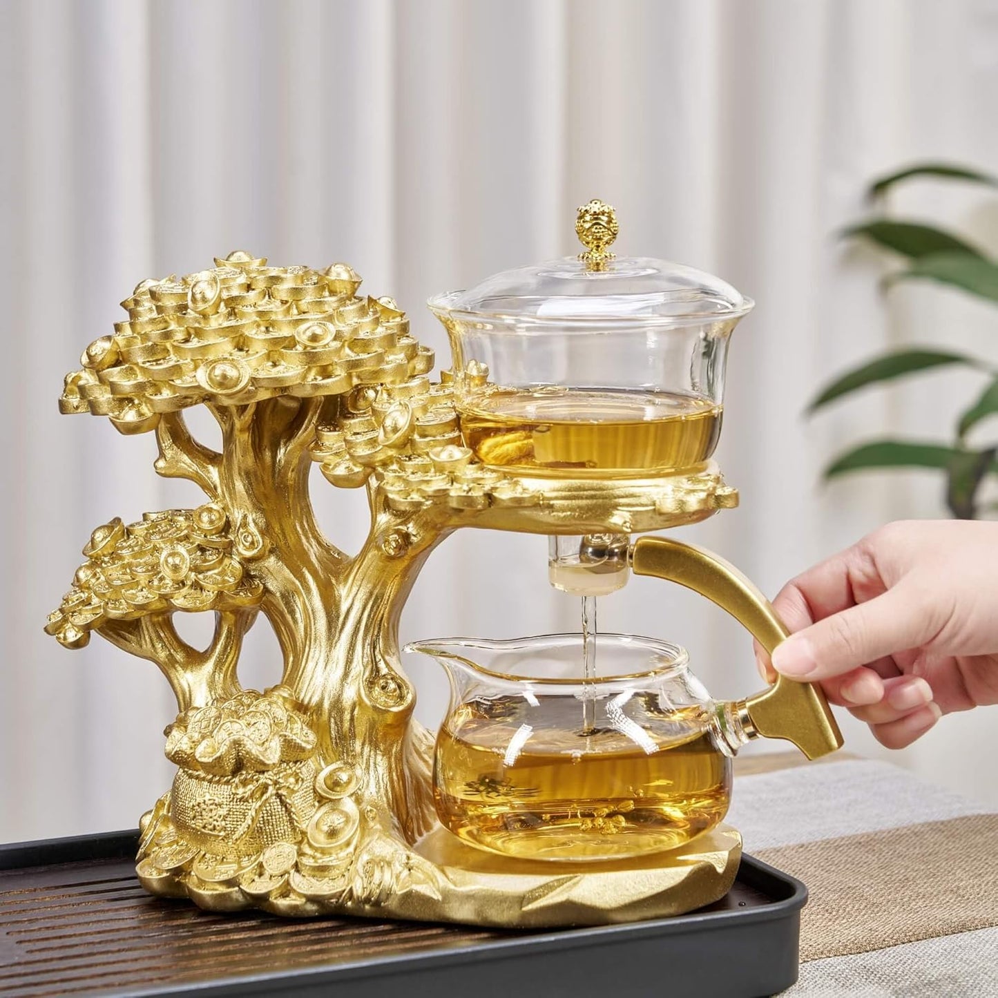 Glass Teapot Set with Infuser Semi Automatic Tea Set Magic Teapot (Tree - golden)