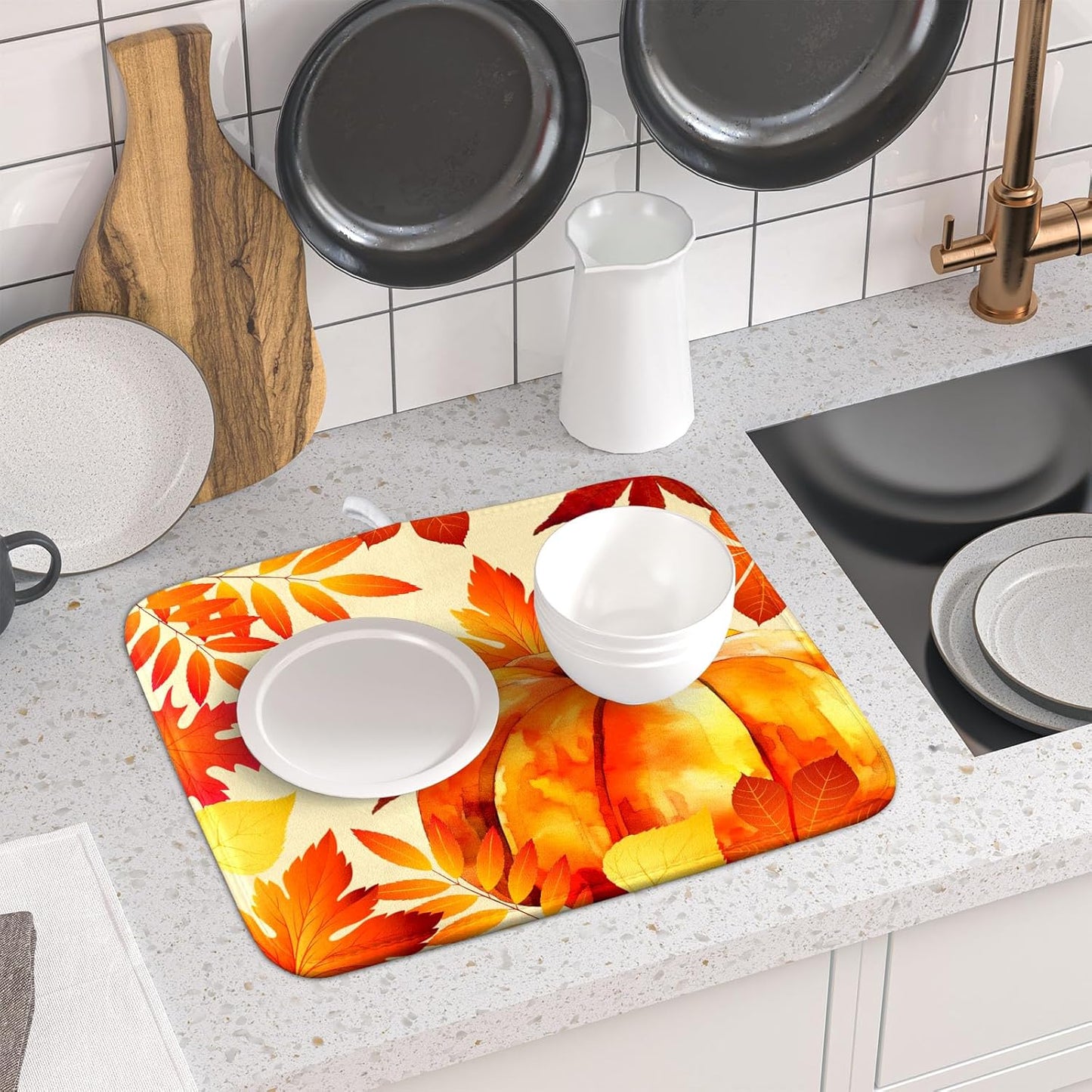 Autumn Pumpkin Maple Leaf Dish Drying Mat for Kitchen Counter,Thanksgiving Fall Holiday Drying Mat with Hanging Loop 16 x 18 Inch Microfiber Dish Drying Pad Dish Rack Drainer Mat for Coffee Bar