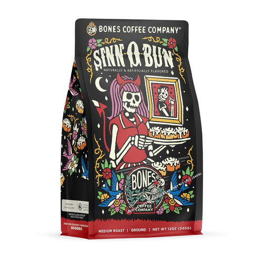 Bones Coffee Company Cinnamon Roll Flavored Coffee, Medium Roast Low Acid Arabica Beans Compatible with Auto drip and French Press Coffee Maker, 12 Oz Ground