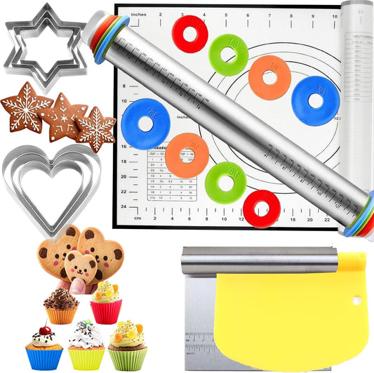 Adjustable Rolling Pin 20 Set and Silicone Baking Pastry Mat Set,Thickness Rings,Dough Roller & Steel Cutter& 6 Cookie Molds & 10 Cake Molds for Baking Dough Stainless Steel Dough Roller, Pizza, Pie