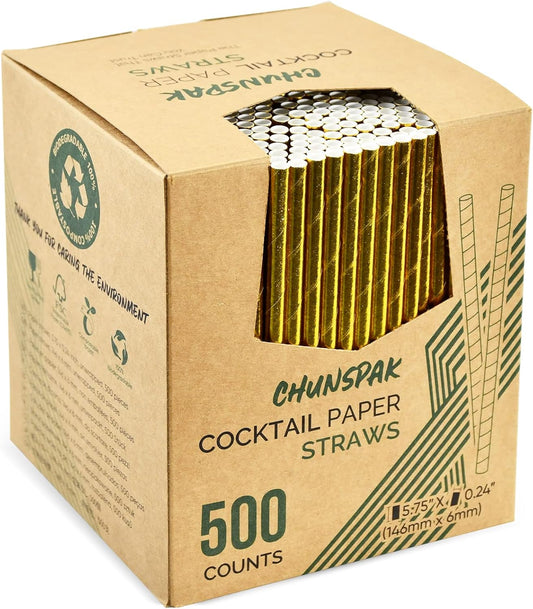 5.75 Inch Disposable Short Gold Paper Straws & Stirrers, Sipping Stir Sticks (500 Counts) - for Cocktail, Short Drinks, Wedding, Party, Bars, Restaurants