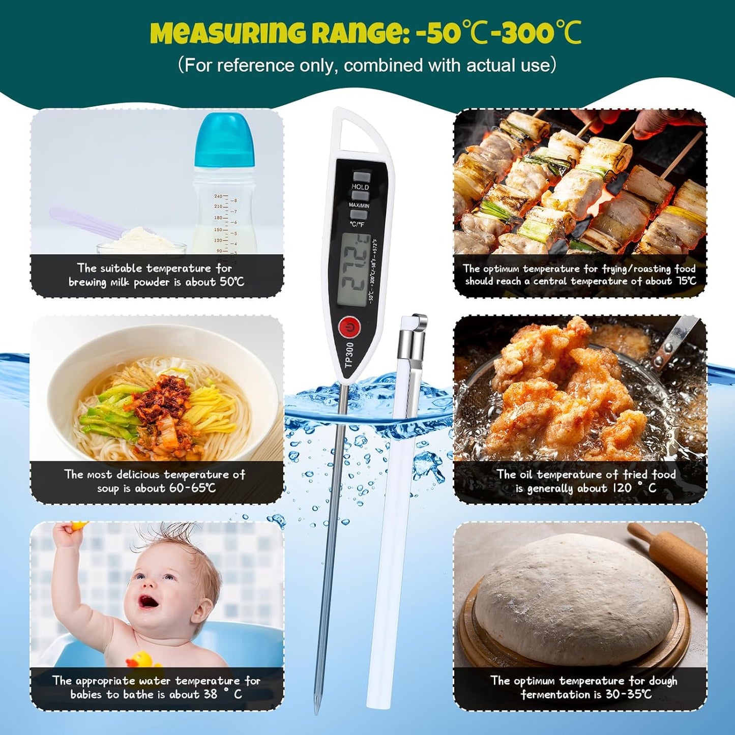 6 Set Waterproof Food Thermometer for Water, Liquid, Candle and Cooking Digital Meat Thermometer with Long Probe Instant Read for Kitchen BBQ Grill Candy (White)