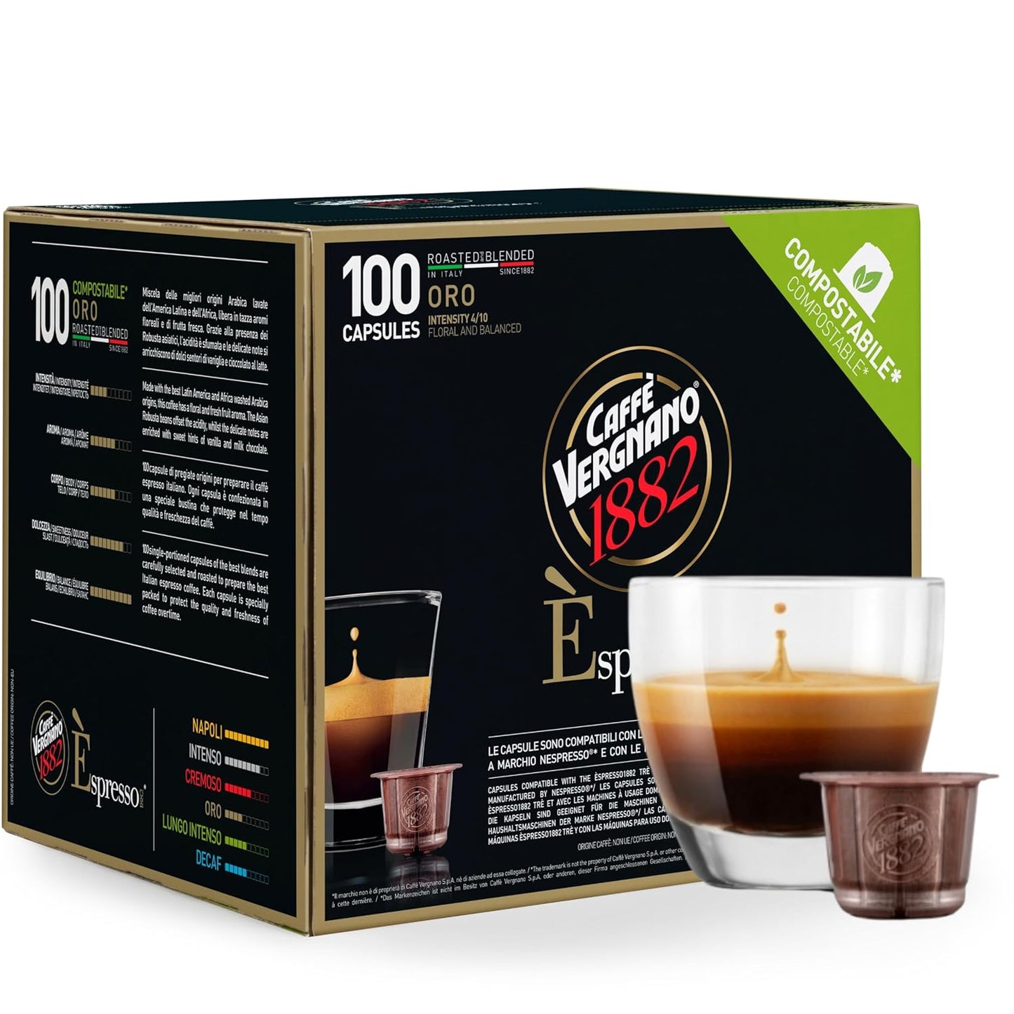 Caffe' Vergnano 1882 Medium Roast Espresso Original Line Machine Compatible Capsules, Arabica Robusta Espresso Coffee, Italian Coffee For Nespresso Coffee Machines, Intensity 4/10, Oro, 100 Ct