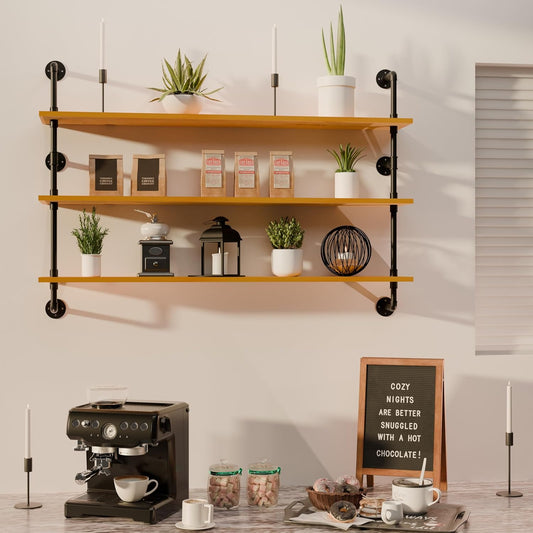 Industrial Pipe Shelving Shelf Rustic Black Wall Shelves Industrial Floating Shelves for Wall 48 Inch Farmhouse Bookshelf Pipe Shelves Living Room Kitchen