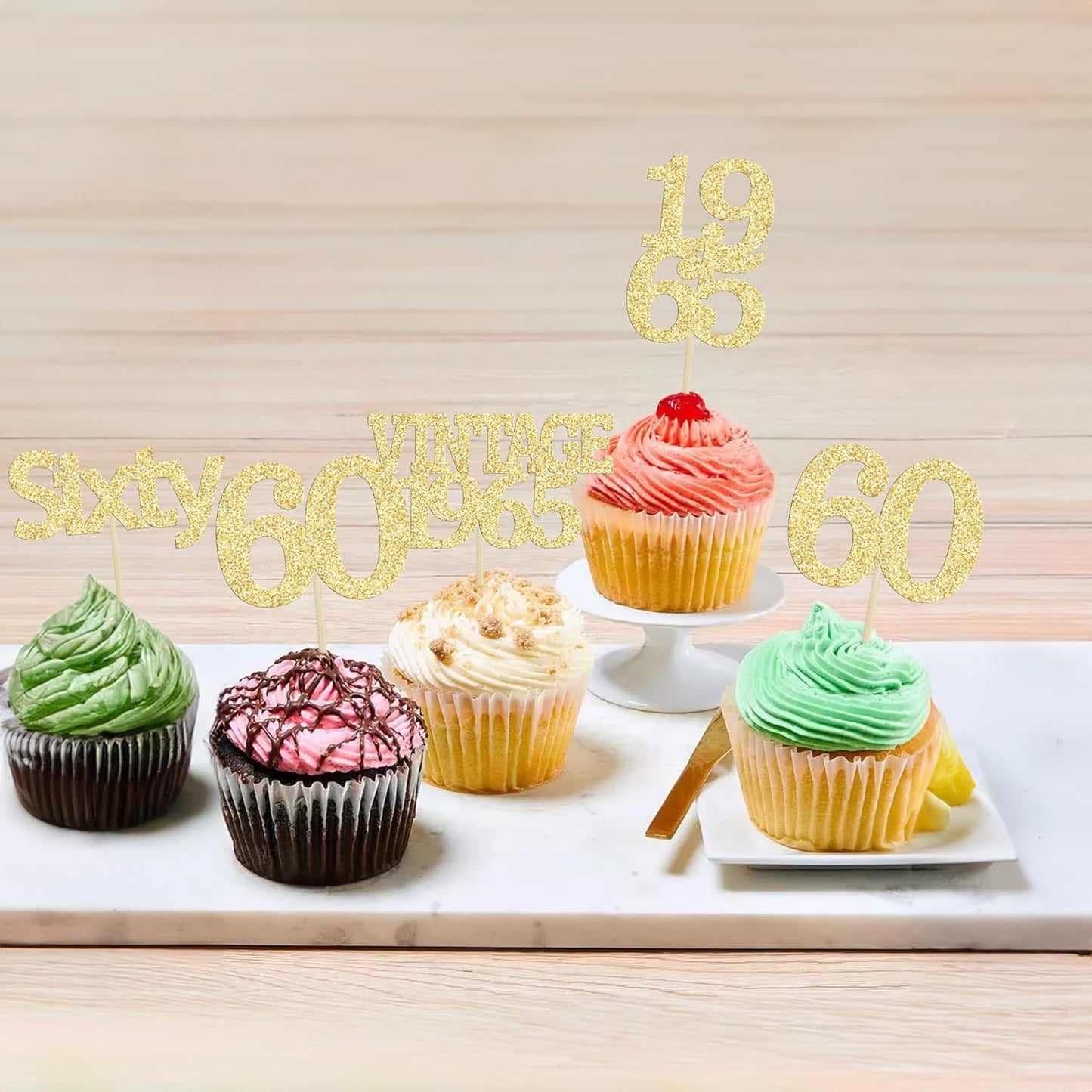 Gyufise 24Pcs 60th Birthday Cupcake Toppers Cheers to 60 Fabulous Sixty Cupcake Picks Vintage 1965 Decorations for 60th Birthday Wedding Anniversary Party Cake Decorations Supplies Gold