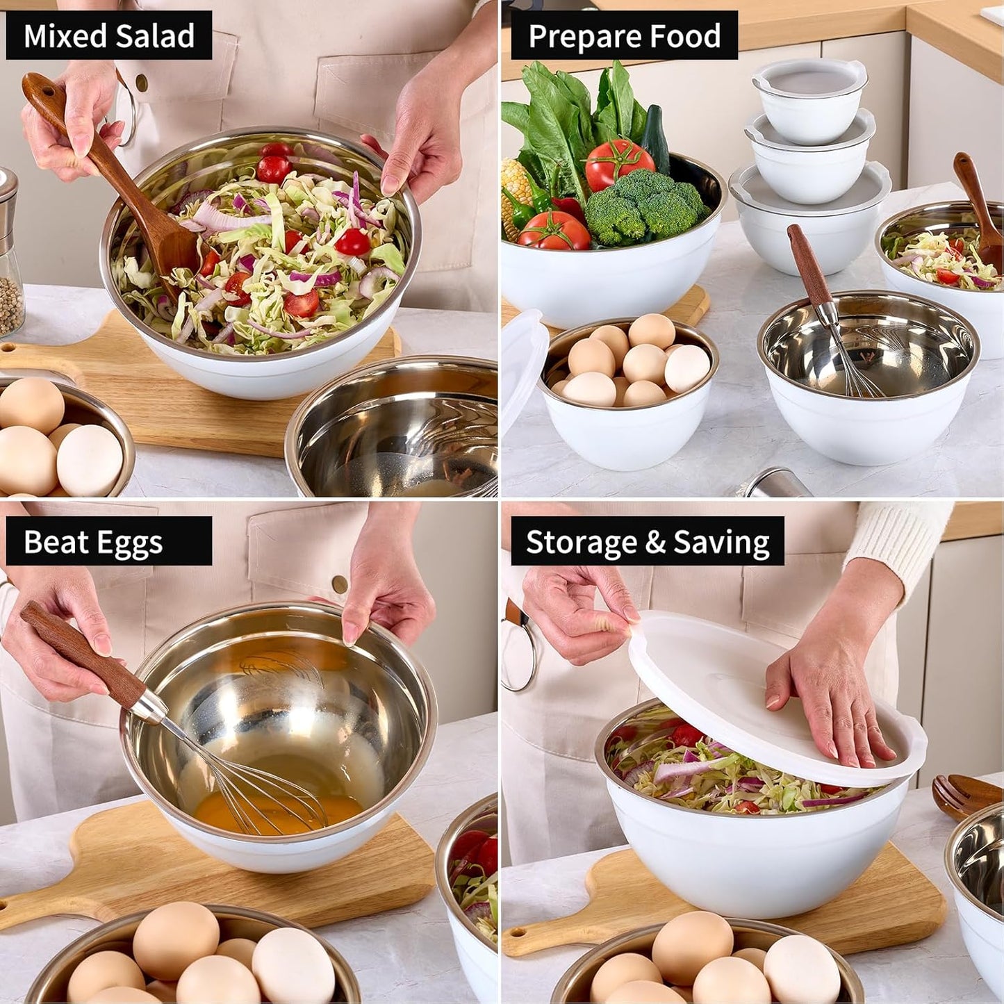 White Mixing Bowls with Lids Set of 7, Stainless Steel Nesting Bowl with Khaki Lid for Non-slip Mixing Prepping Storing Serving, 7 Sizes-7/3.6/2.7/2.1/1.5/1/0.8 QT