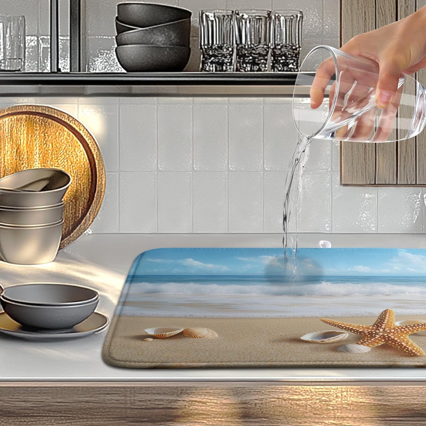 Summer Ocean Beach Blue Dish Drying Mat Sea Shell Starfish Large Kitchen Mat Dish Drying Pad Absorbent Dish Dryer Mat for Kitchen Countertops Microfiber Drainer Pad Dish Drying Rack Mat (18x24 in)