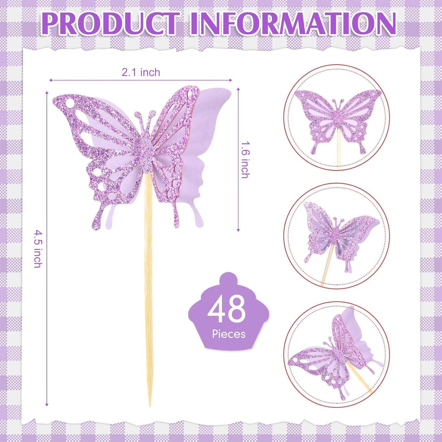 Chinco 48 Pcs Butterfly Cupcake Toppers Assembled Double Layer Cupcake Topper 3D Glitter Cake Topper Butterfly Cocktail Pick Decoration for Baby Shower Birthday Wedding(Glitter Purple,Retro Style)