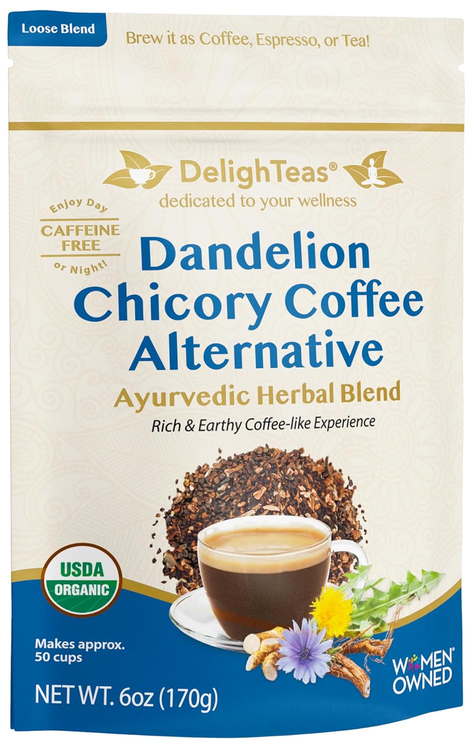 DelighTeas Organic Coffee Alternative | Ayurvedic Herbal Chicory Dandelion Coffee | Coffee Substitute | USDA Organic, Caffeine Free, Gluten Free | With Sweet Notes of Carob | 50 servings, 6oz.