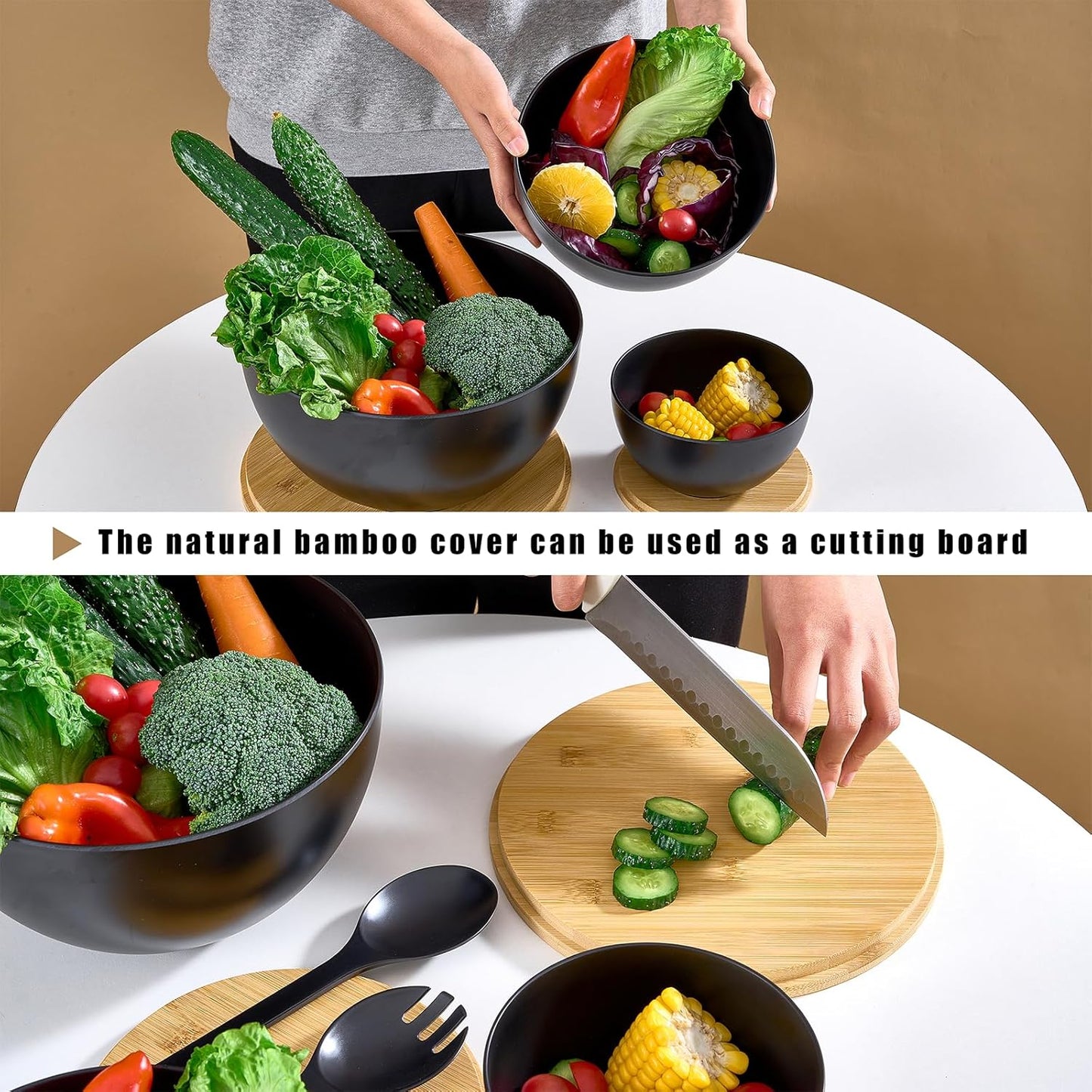 Large Salad Bowls with Bamboo Lids Set of 3, Mixing Nesting Bowls Round Serving Bowls with Servers for Salads, Kitchen Eating, Pastas, Popcorn, Chips, Trifle, Fruit, Food Prepare (Black,10",8",6" )