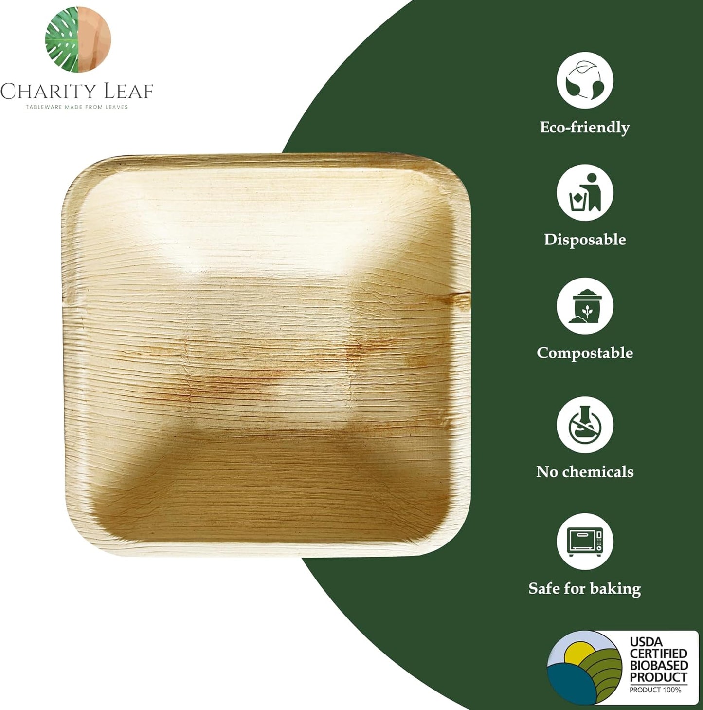 Charity Leaf Disposable Palm Leaf 4" Square Bowl (50 pcs) Dipping Bowls | Bamboo Like| All Natural and Biodegradable | Charcuterie Boards, BBQs, and Parties