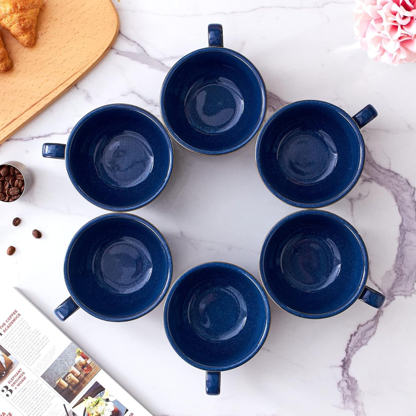 Set of 6 Cups Vintage Design 12 oz Professional Barista Ceramic Latte Art Cappuccino Cups Set (Embossed Blue * 6)