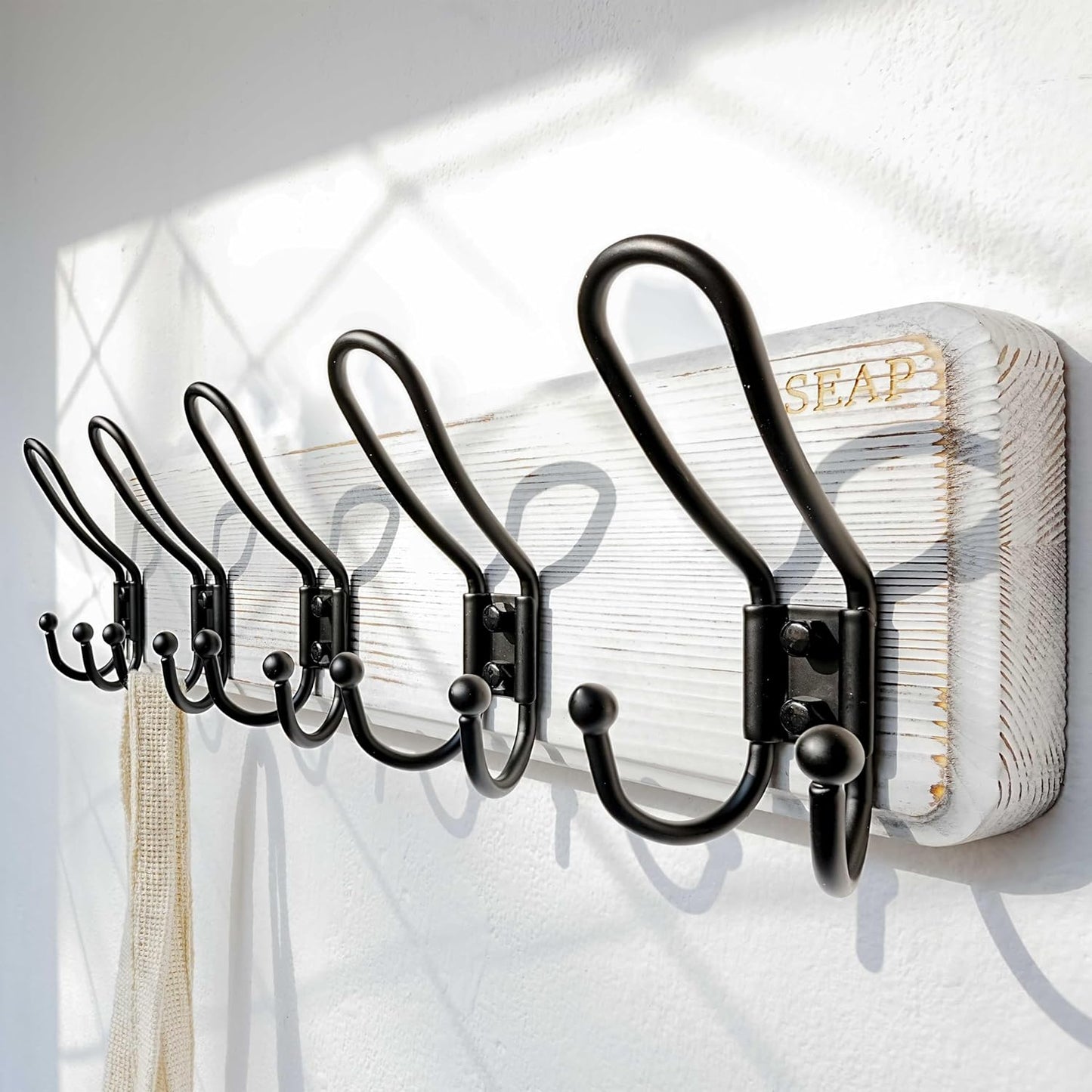 Dseap Coat Rack Wall Mounted - Heavy Duty Farmhouse Rustic Wall Coat Hanger with 5 Wire Hooks for Clothes Hat Jacket Towel, RusticWire, J1-5A, Whitewash & Black, Pack of 2