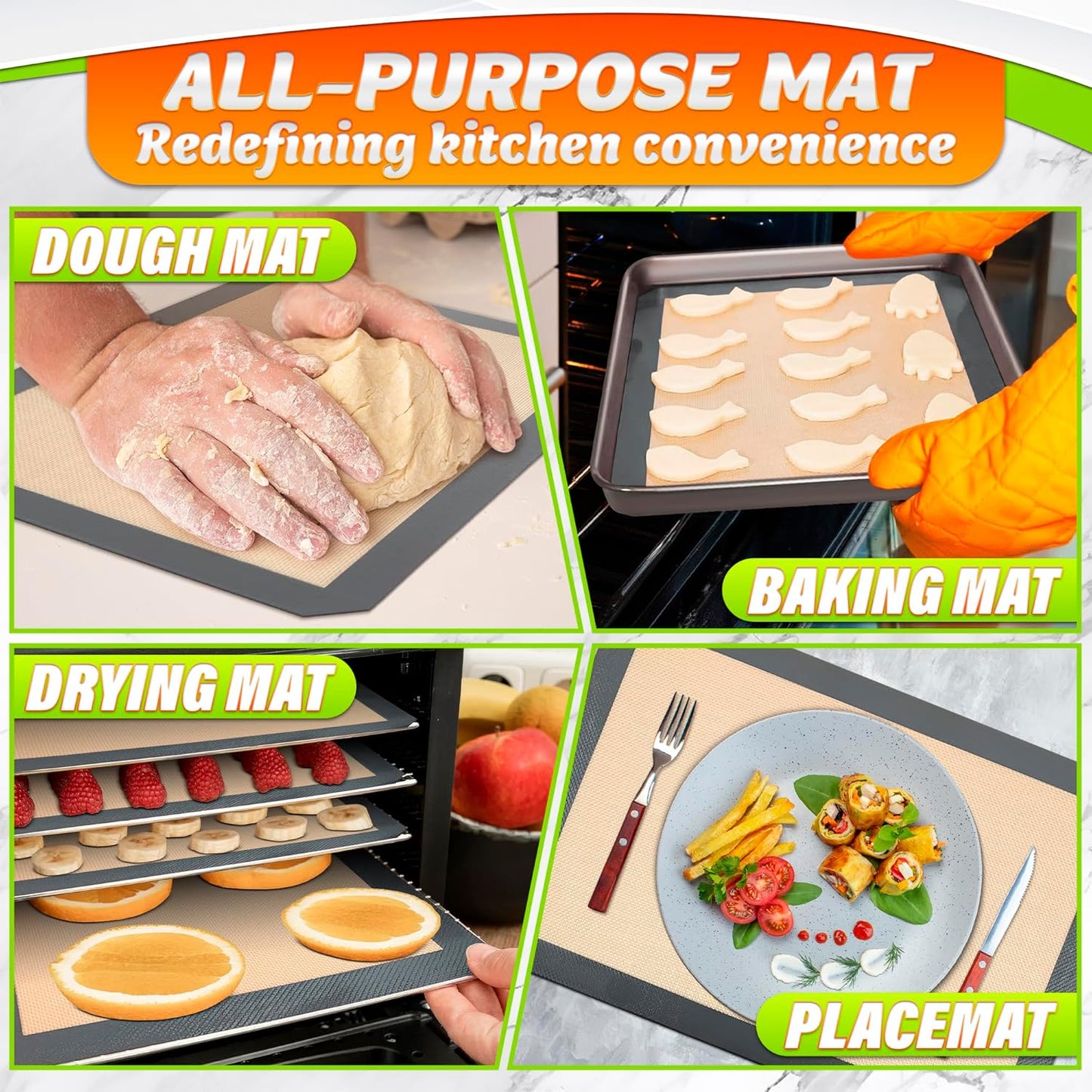 3 Pcs Silicone Baking Mat - Non-Stick Silicone Baking Mats Cookie Sheet with Reinforced Edges, Dishwasher Safe, Heat-Resistant - Uniform Heating & Easy Baking for Macarons, Cookie Dough, Roasts, Pizza